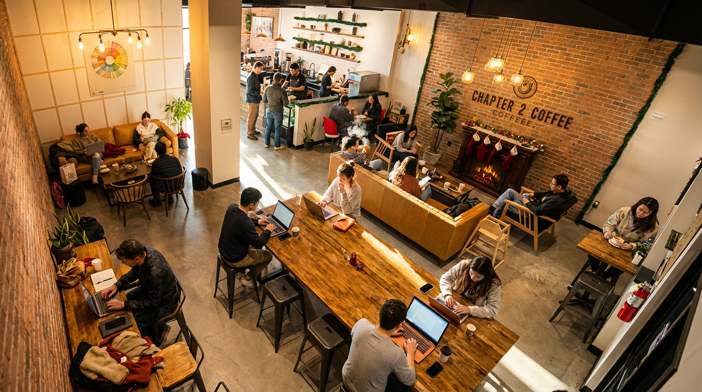 Busy and cozy interior of Chapter 2 Coffee Roasters with people working on laptops, wooden tables, brick walls, plants, and warm lighting.