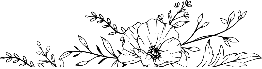 White line drawing of a flower with leaves on a black background.