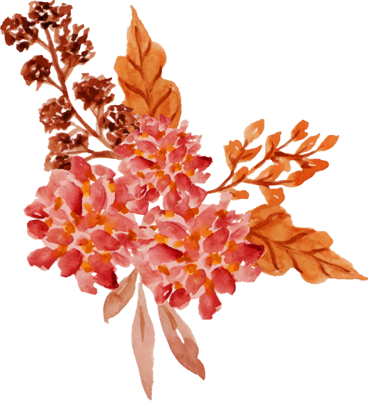 Watercolor illustration of pink hydrangea flowers with brown and orange autumn leaves and branches.