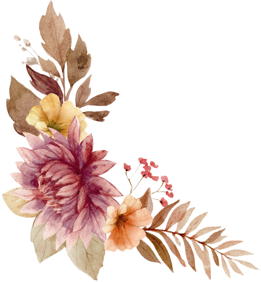 Watercolor floral design featuring pink and yellow flowers with beige and brown leaves.