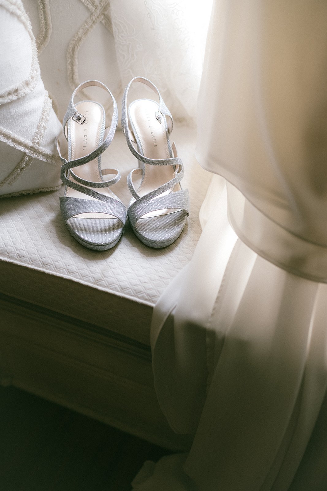 Detail shots of bride's high heels before an elopement in toronto
