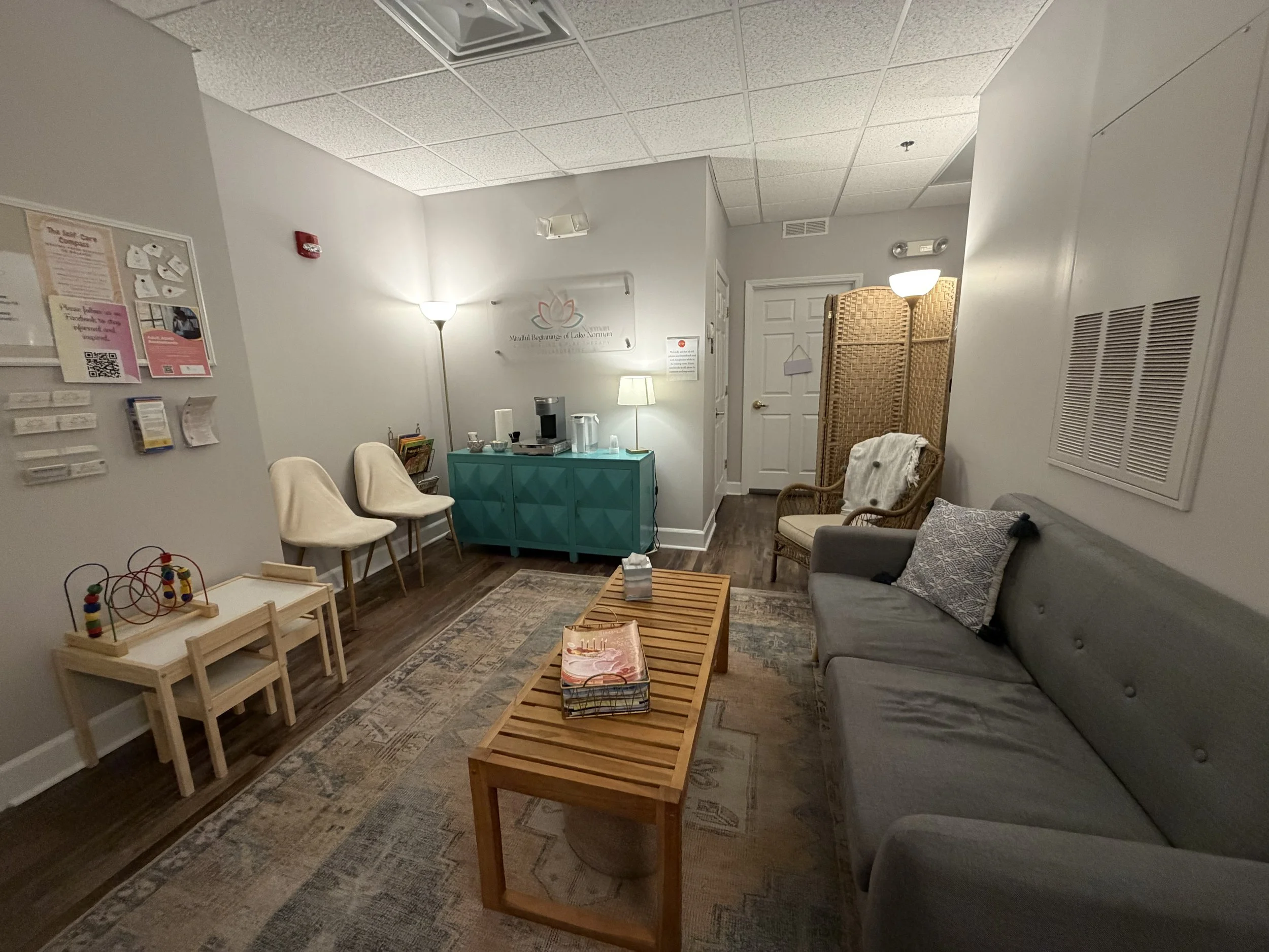 A waiting room with two white chairs, a gray sofa with a patterned pillow, a wooden coffee table with magazines, a teal cabinet, a wicker chair with a white throw, and children’s toys on a small wooden table. It has a floor lamp, a small table with a