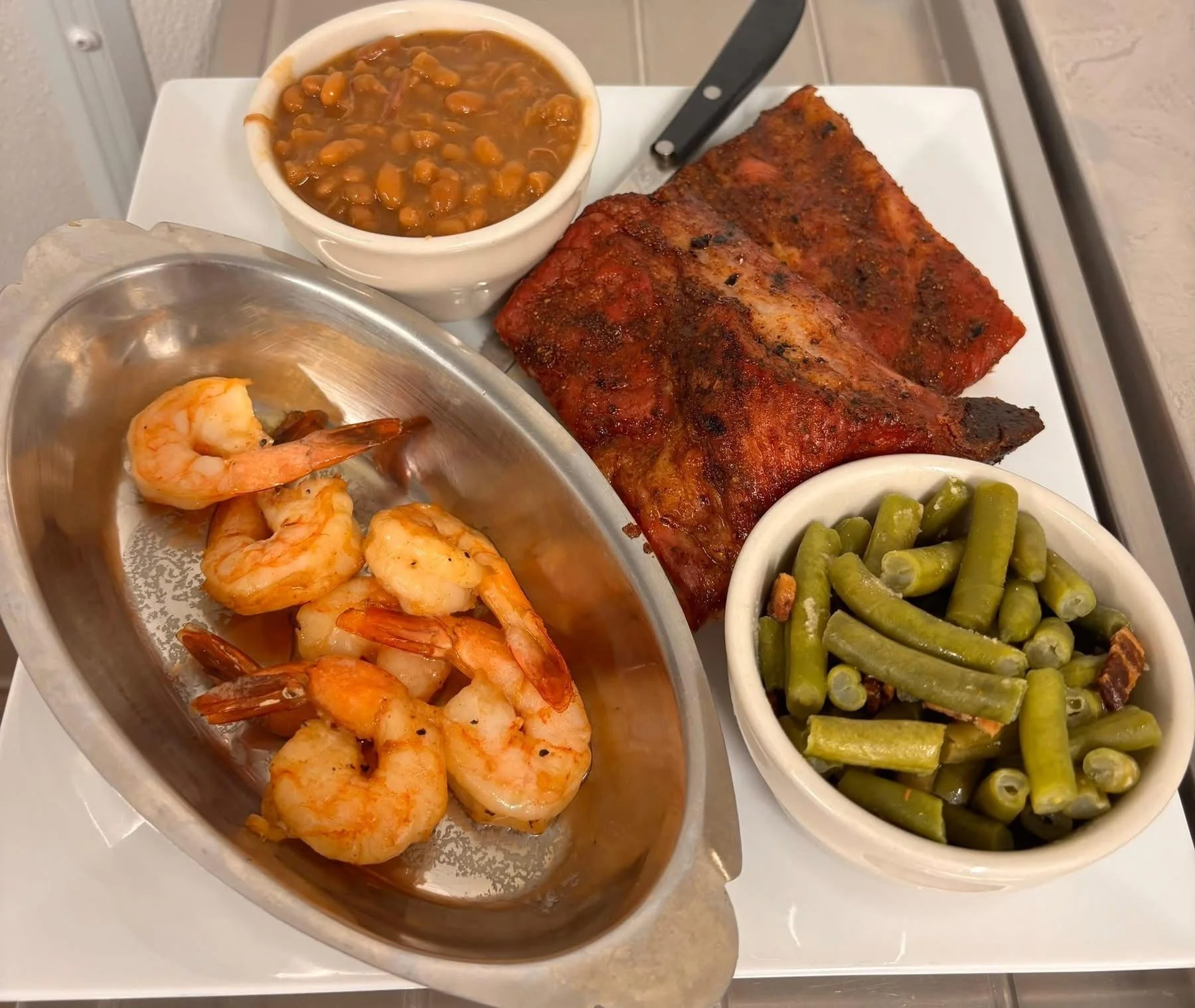 Shrimp, Ribs, Baked Beans, Green Beans
