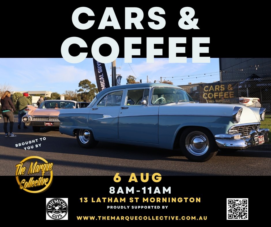Marque Collective Cars & Coffee August- classic cars with Marque collective headquarters in backdrop.jpg