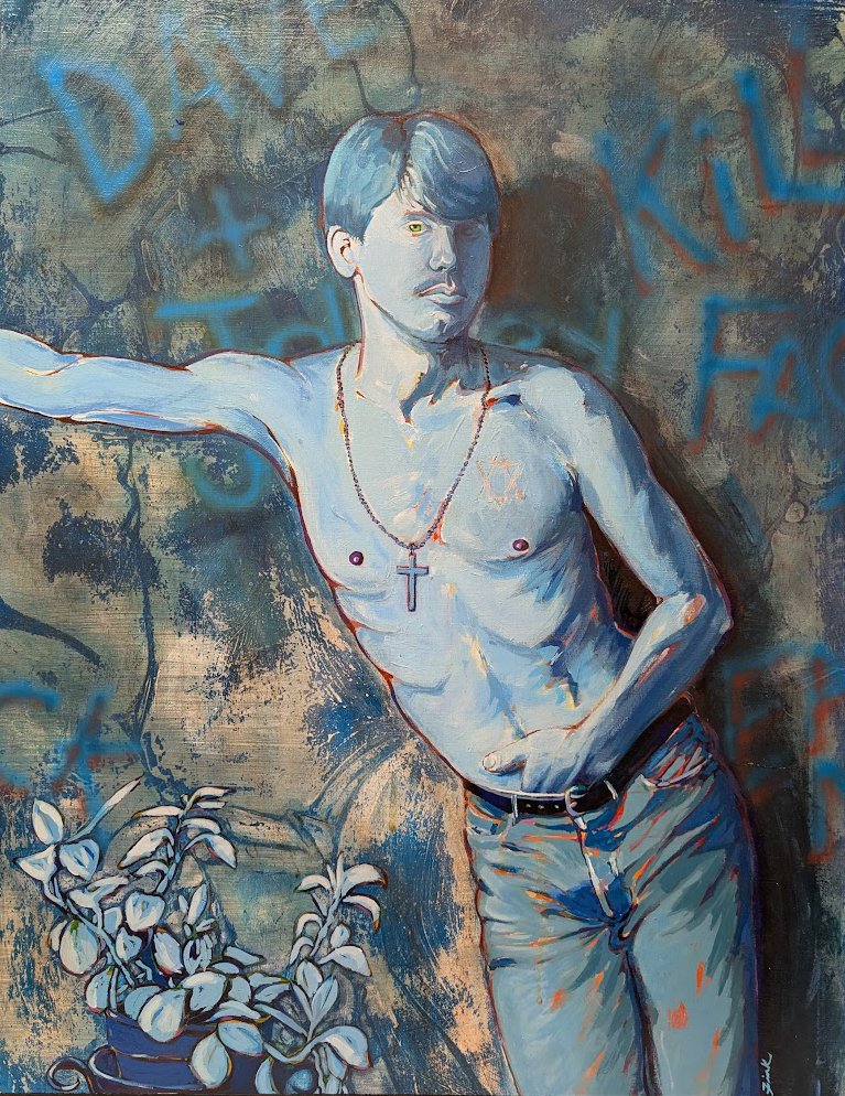 “BlueBoy” is a 20 x 24 inch acrylic self‑portrait on canvas board, originally created for my 1987 Graduation Show at the Academy of Art University. I recently pulled it out of storage while revisiting figure painting, and seeing it again feels like o