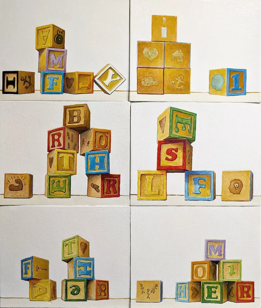 The Blue 1, 8x10, 2026. Oil on canvas board. (A series of six.) The blocks represent childhood. The configuration and images on the blocks represent my perceived personalities of my family and the individuals - all deceased. The blue 1 block represen