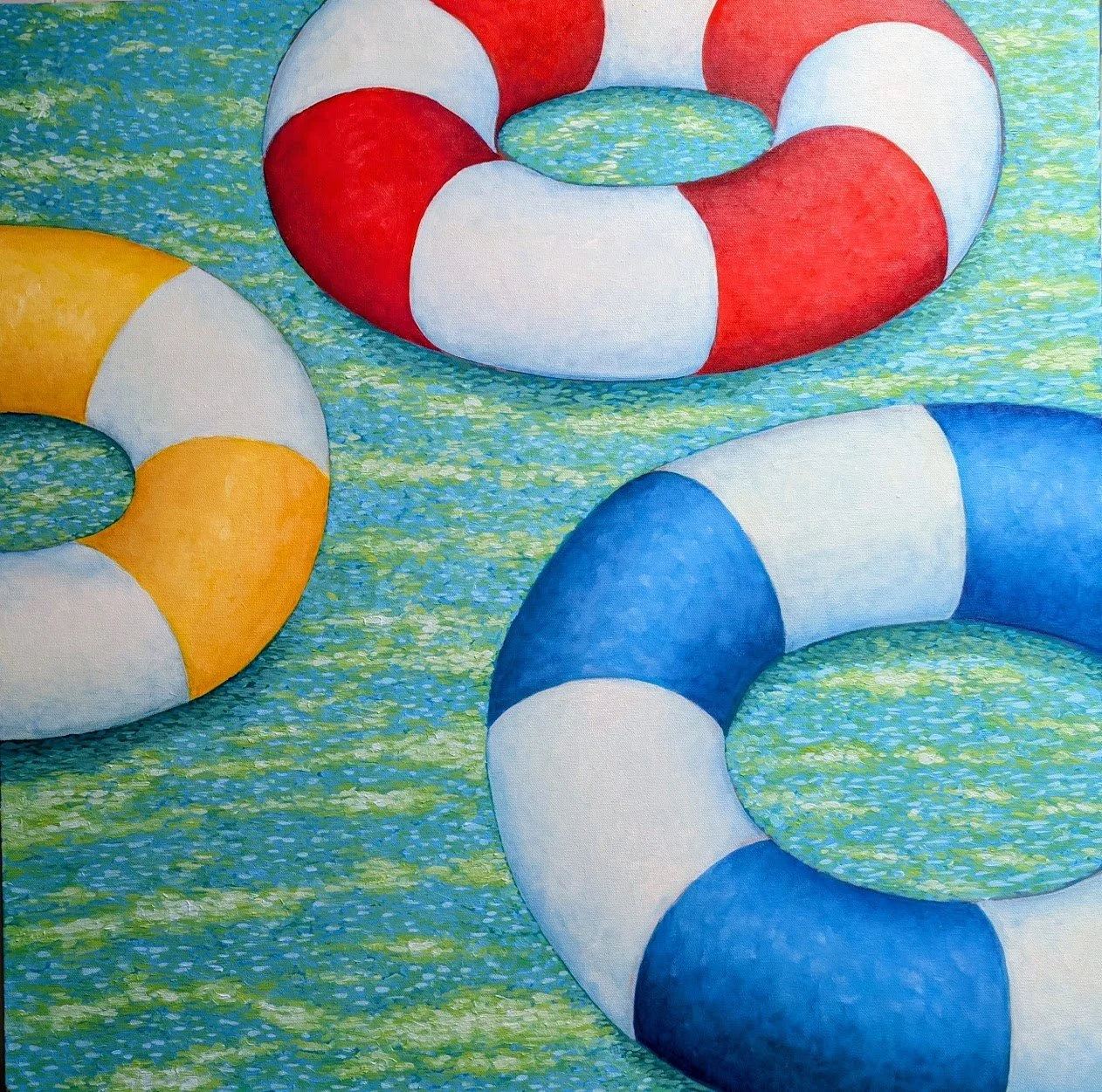 Donut Tubes Drifting in a Lake. 30"x30" ,2026. Oil on Canvas. 