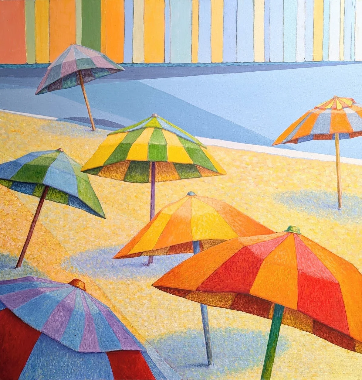 Beach Umbrellas. 30"x30" ,2026. Oil on Canvas.  After immersing myself in workshops and years of personal study, I paused to look inward and ask what truly holds my attention over time. I’ve explored realism, abstraction, impressionism, and simplifie