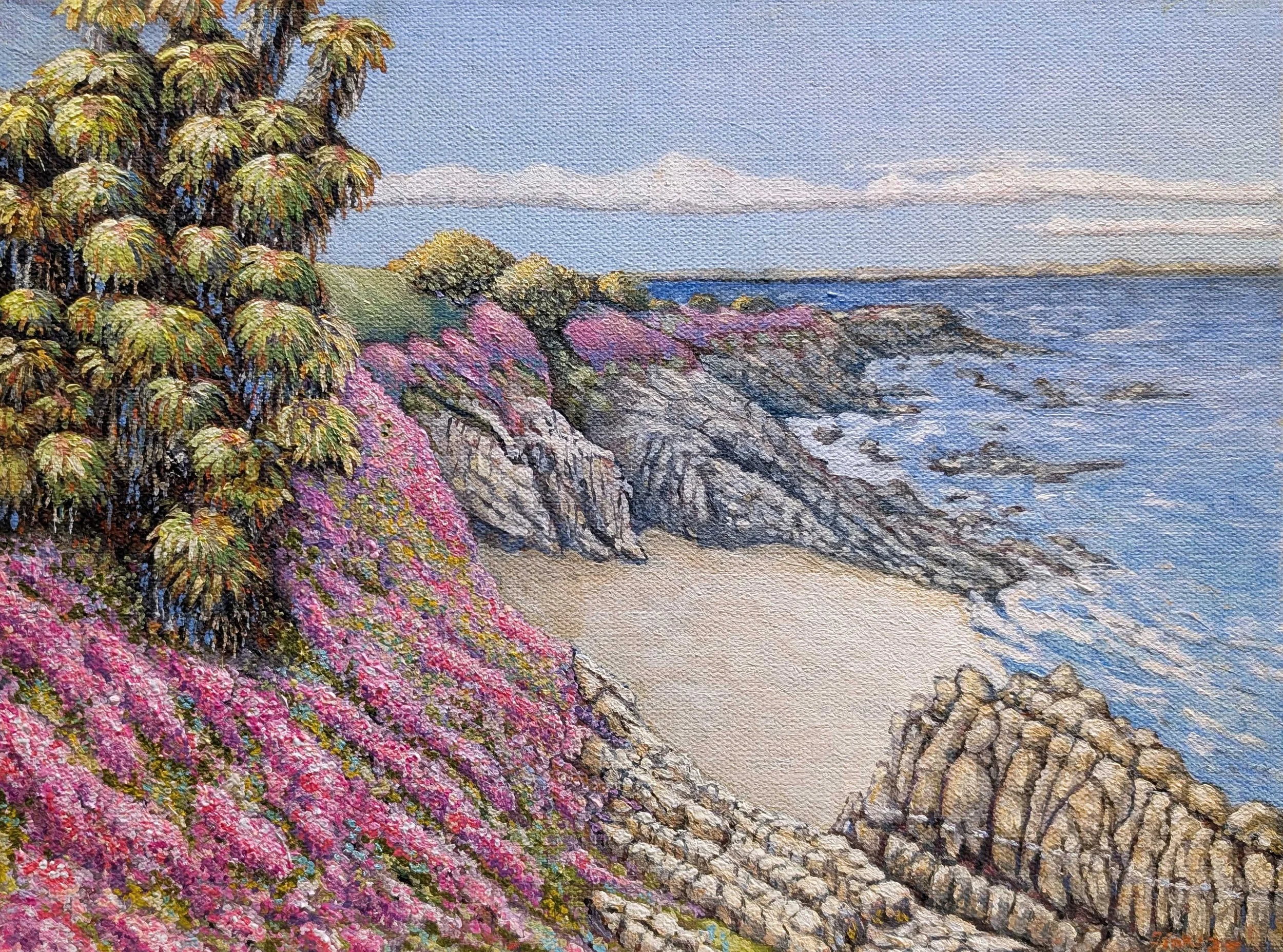 Pacific Grove shoreline 8x10 2025. Oil on canvas board. 
o	In spring, as you wander the coastal road between Monterey and Pacific Grove and drift past Lovers Point, the vibrant purple pink blooms of the Drosanthemum floribundum ice plant spill across