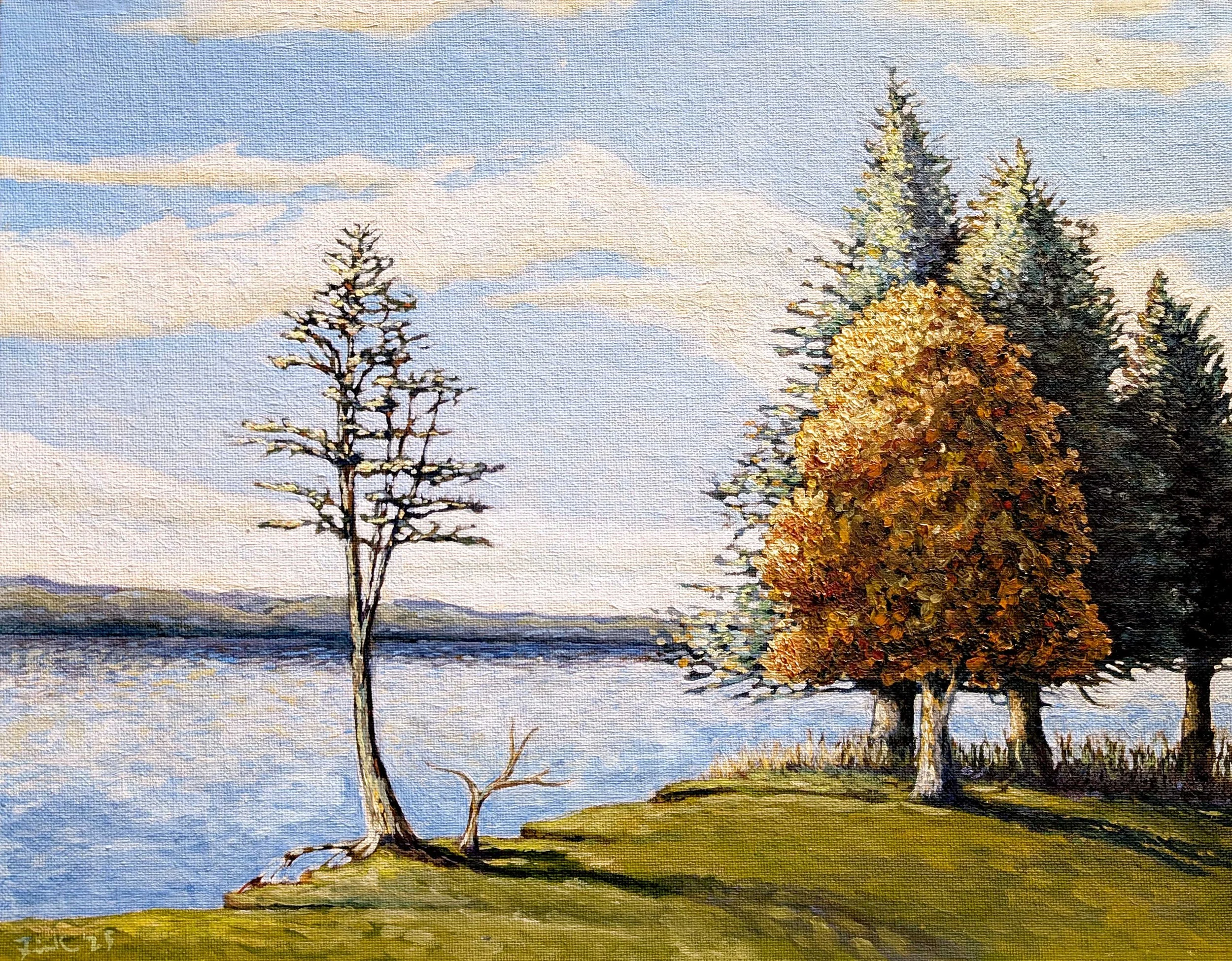 Lakeshore Trees and distant hills 11x14 2025. Oil on canvas board.   (Available)   