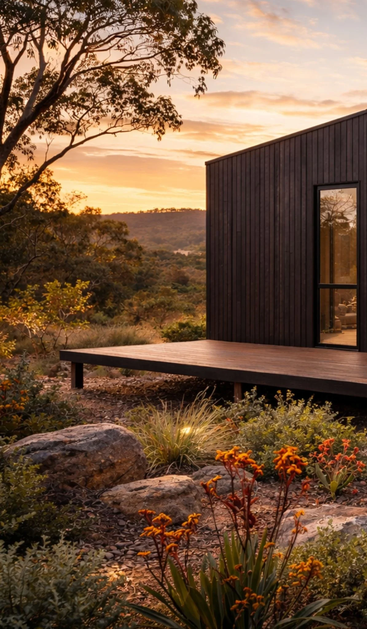 Modern modular home with dark timber cladding and deck overlooking Australian bushland at sunset