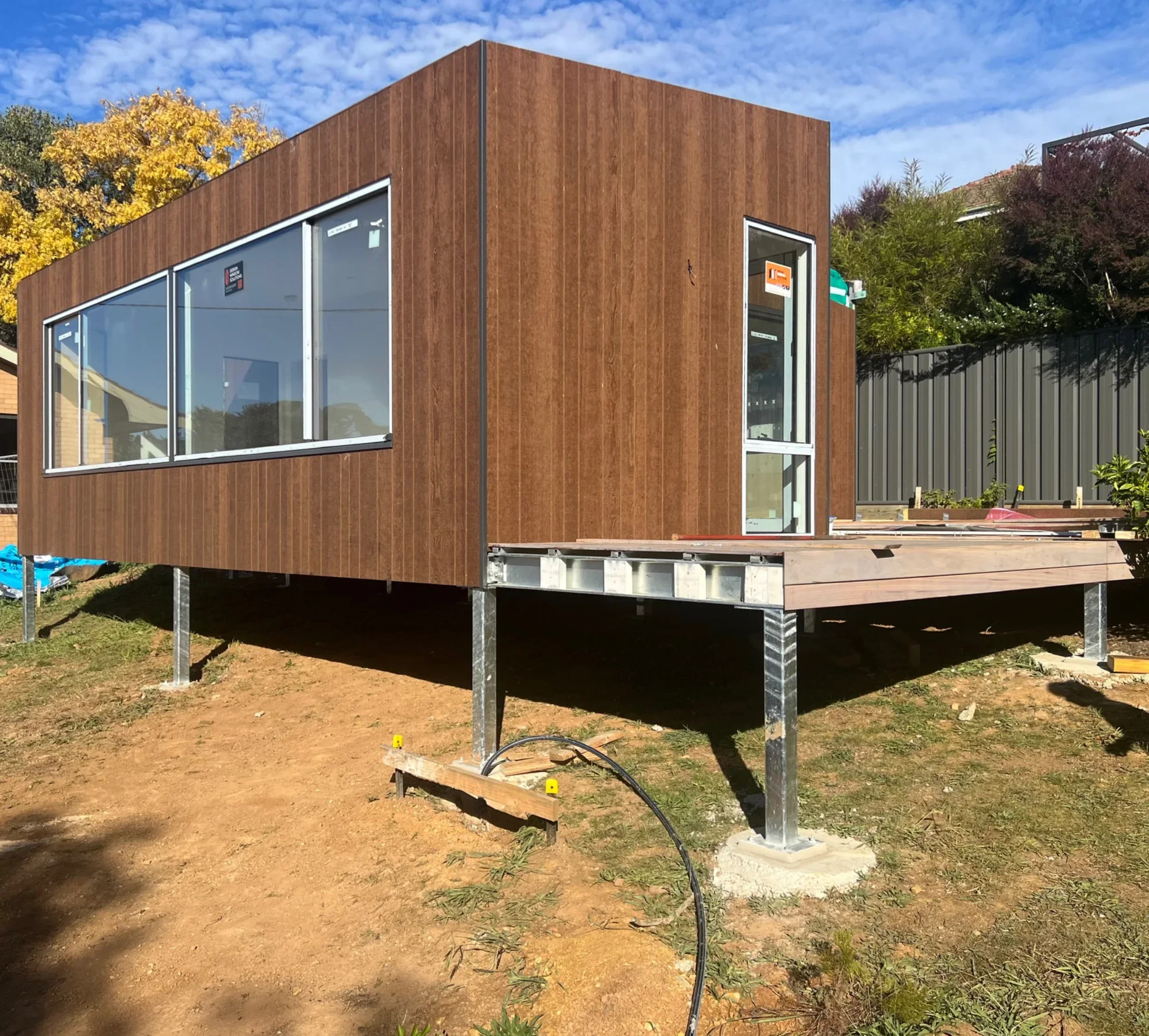 Modular home exterior on raised foundations in Castlemaine, Victoria