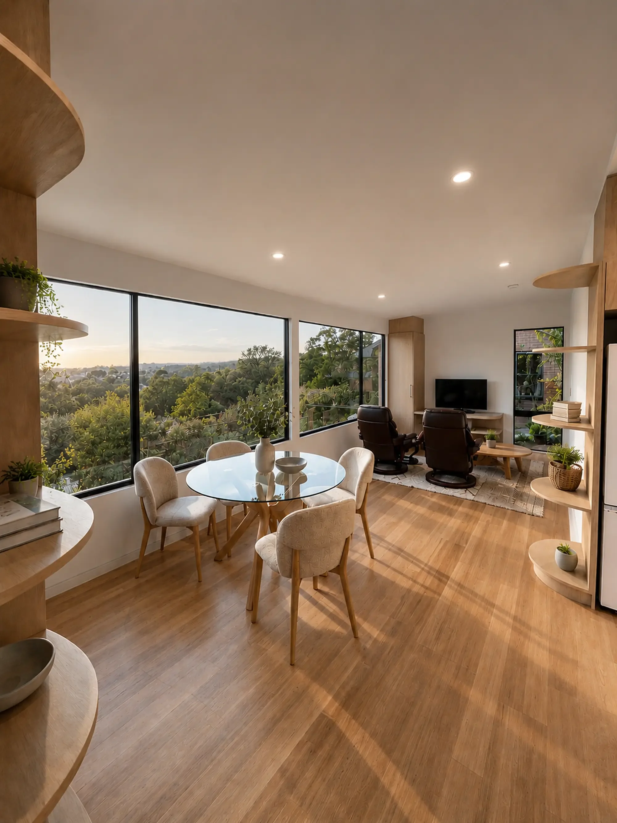 Open-plan modular home living and dining area with natural light, timber flooring and panoramic garden views in Victoria