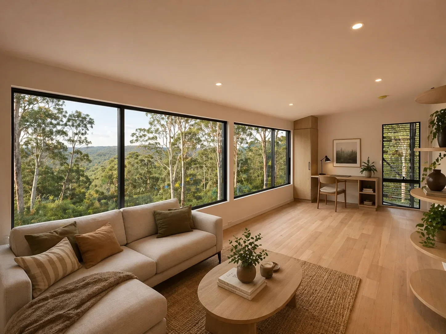 Modern modular home interior with large windows overlooking Australian bush landscape
