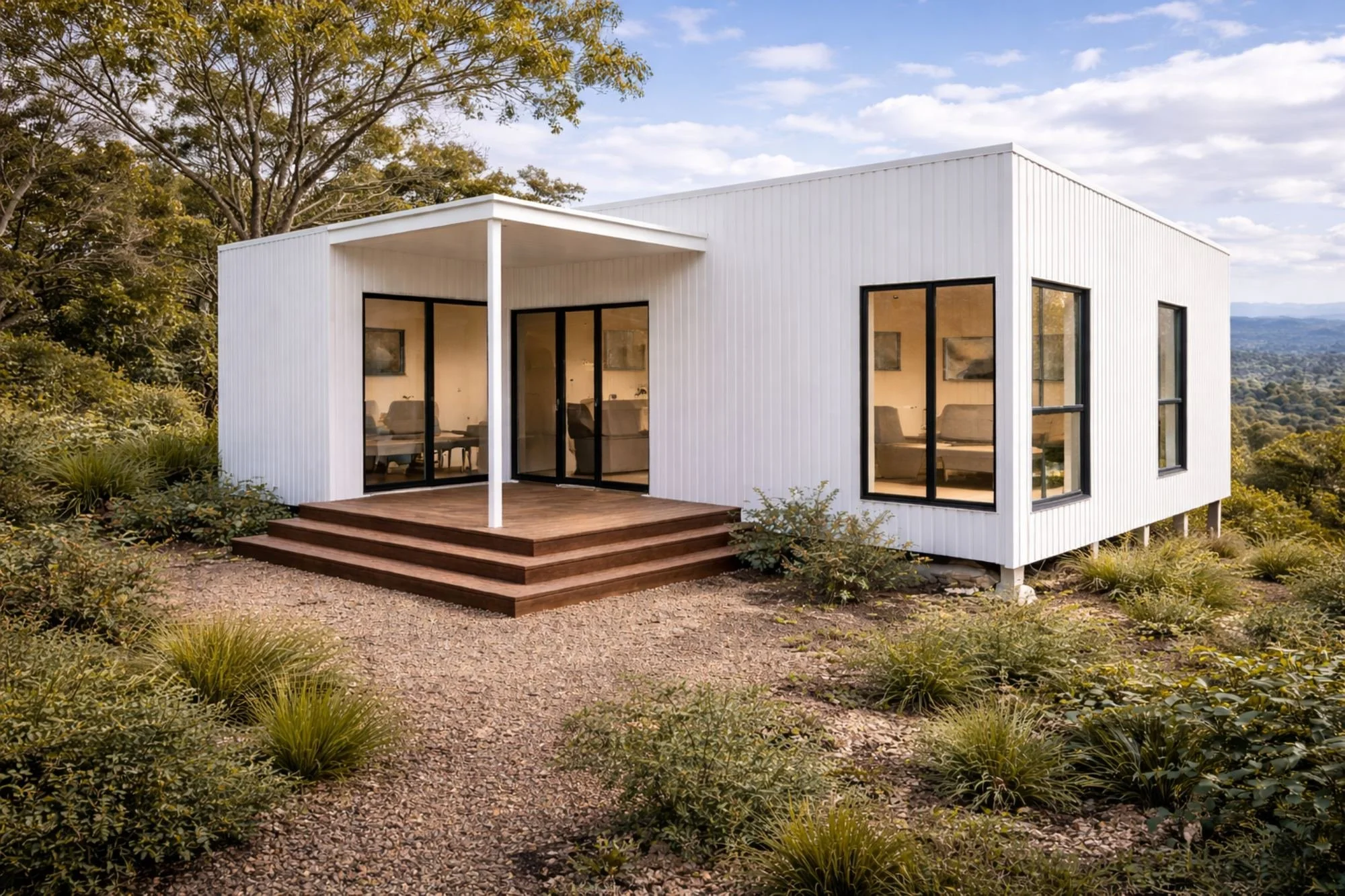 Modern modular home with white cladding and timber deck in Australian bush setting