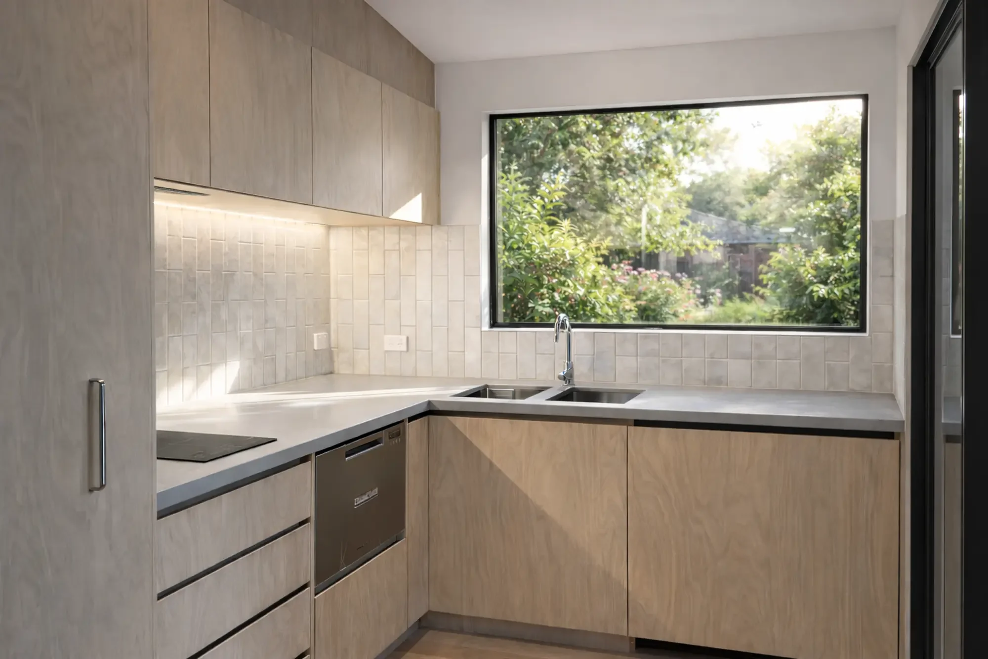 Modern modular home kitchen with natural light and garden view in Victoria