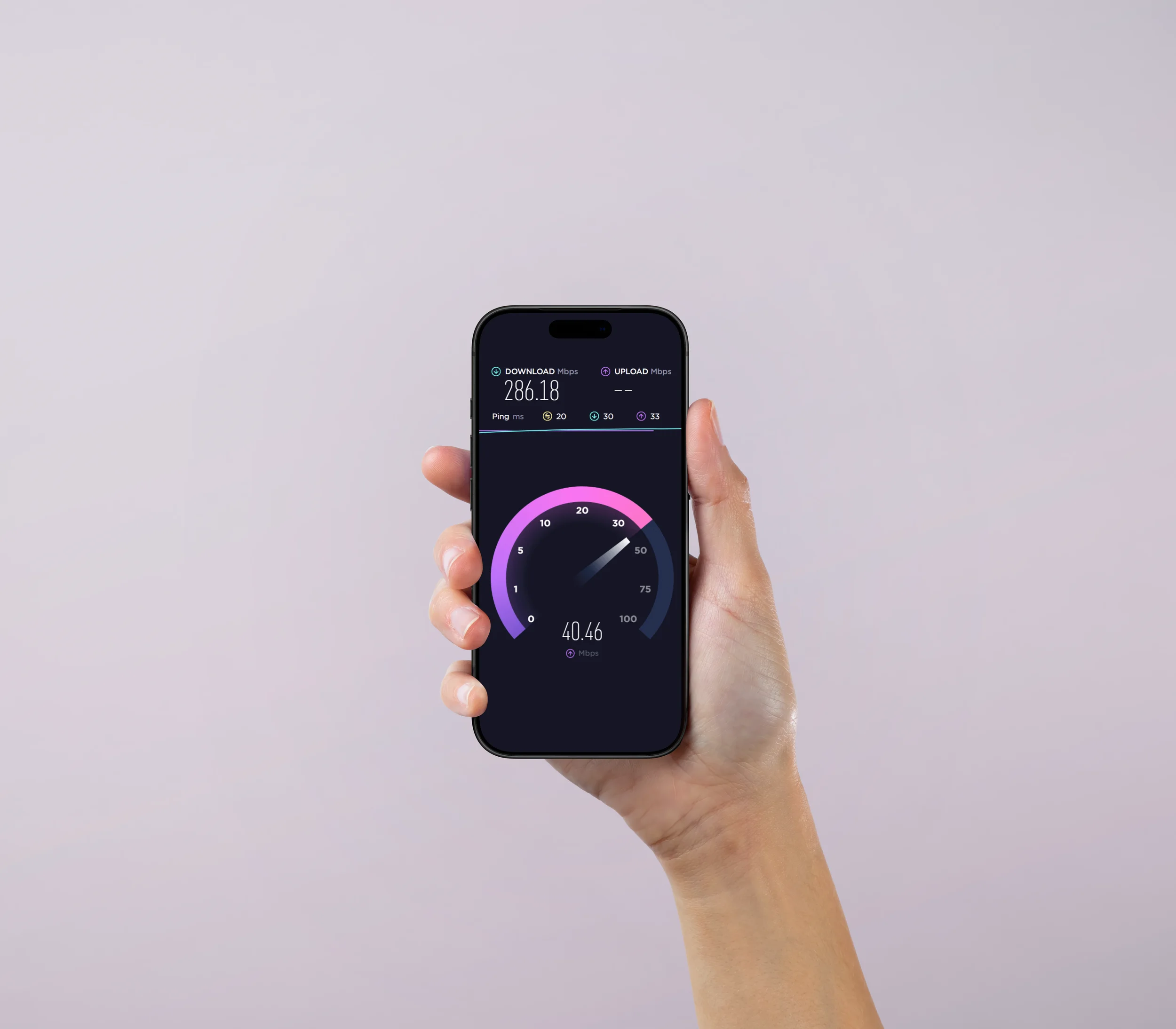 Hand holding smartphone displaying internet speed test results with download speed of 286.18 Mbps, upload speed of 40.46 Mbps, and ping of 20 ms.