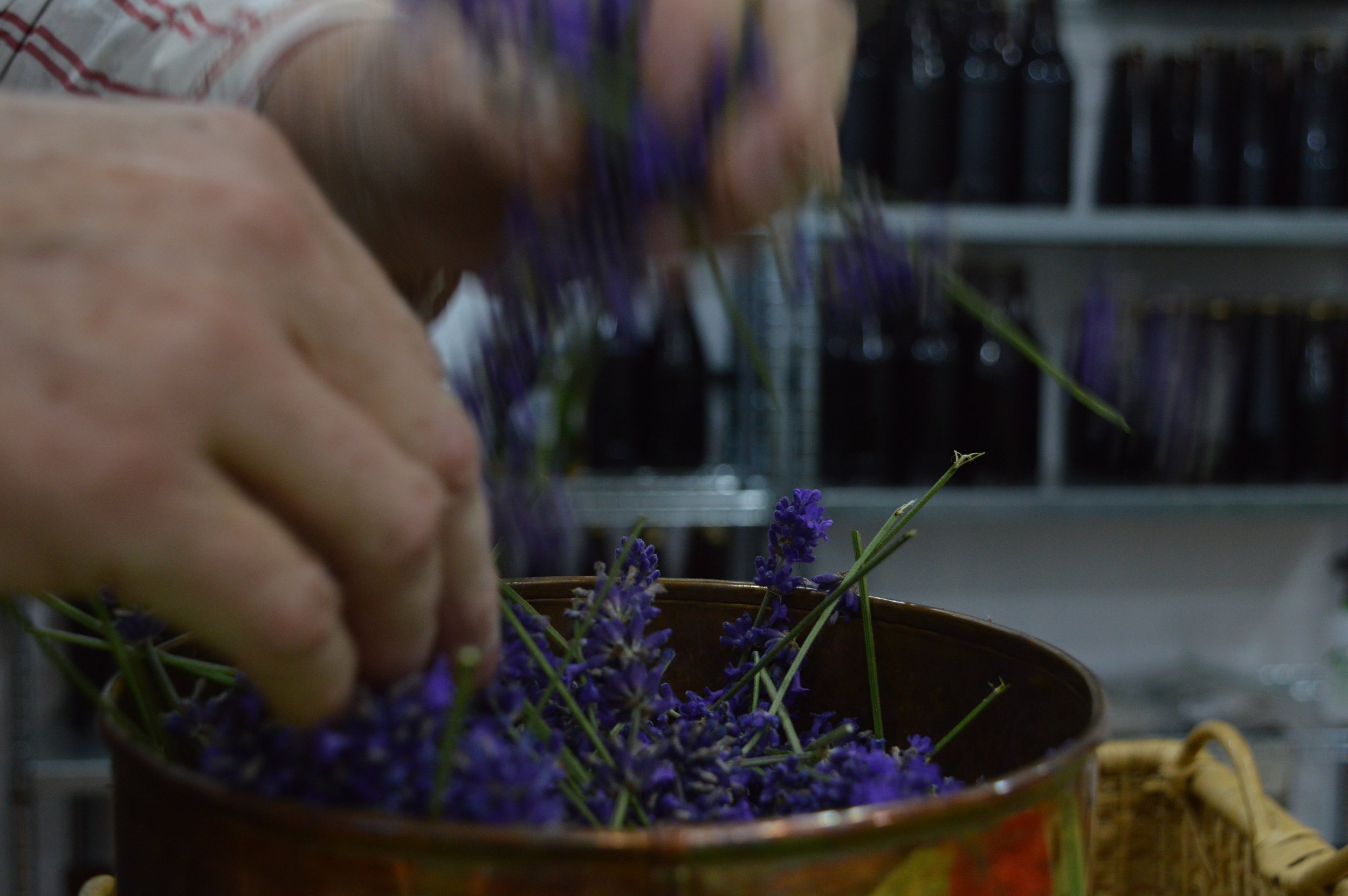 A person's hand is picking purple flowers from a basket in a kitchen setting.
