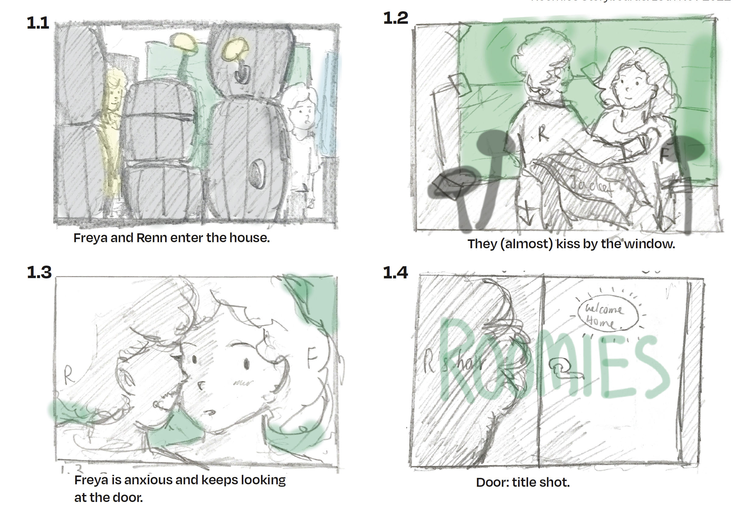Here are the examples of the full storyboard I did for Roomies (2022). 
