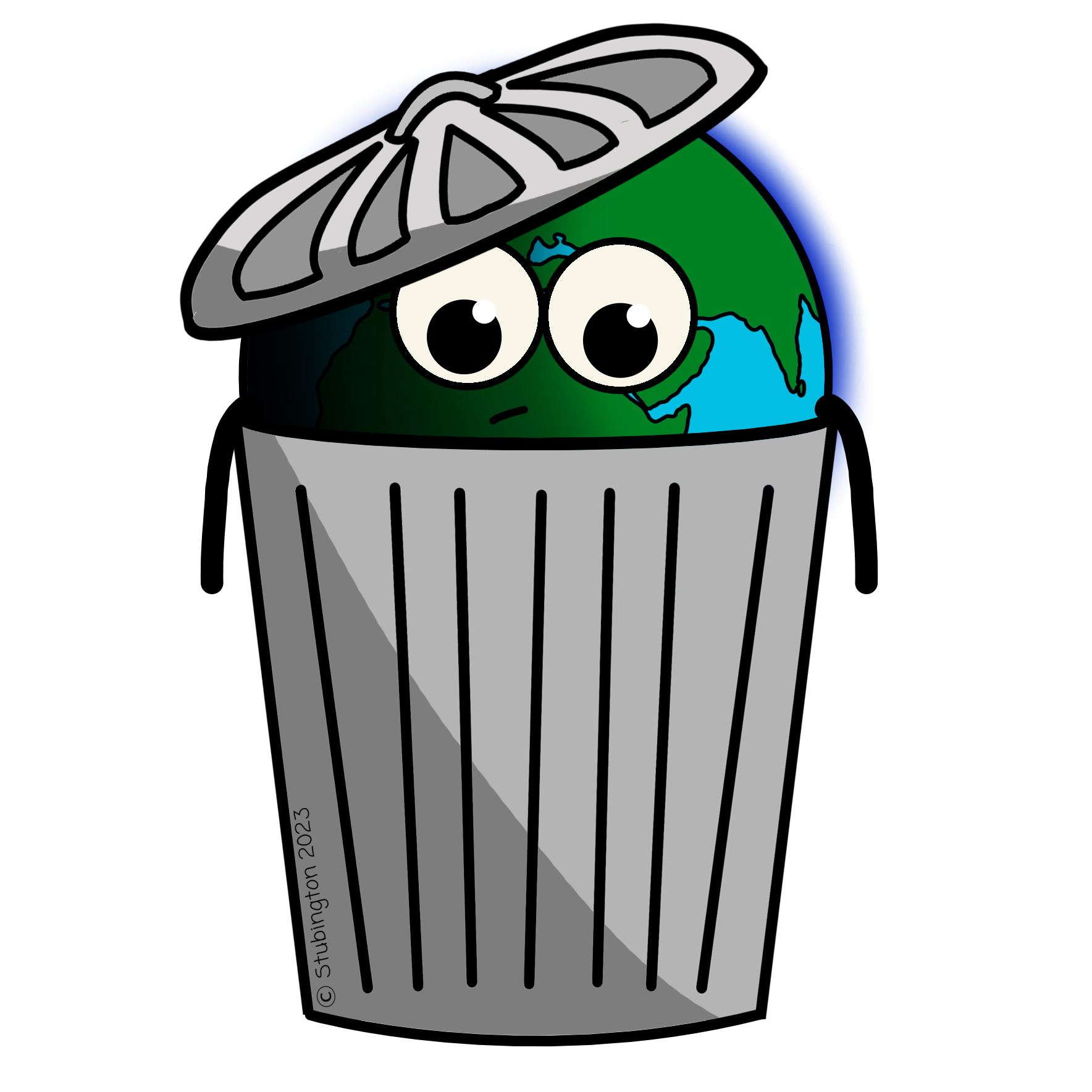 A globe with big eyes sitting in a bin with the bin lid on its head. links Basel COP 16 agenda items