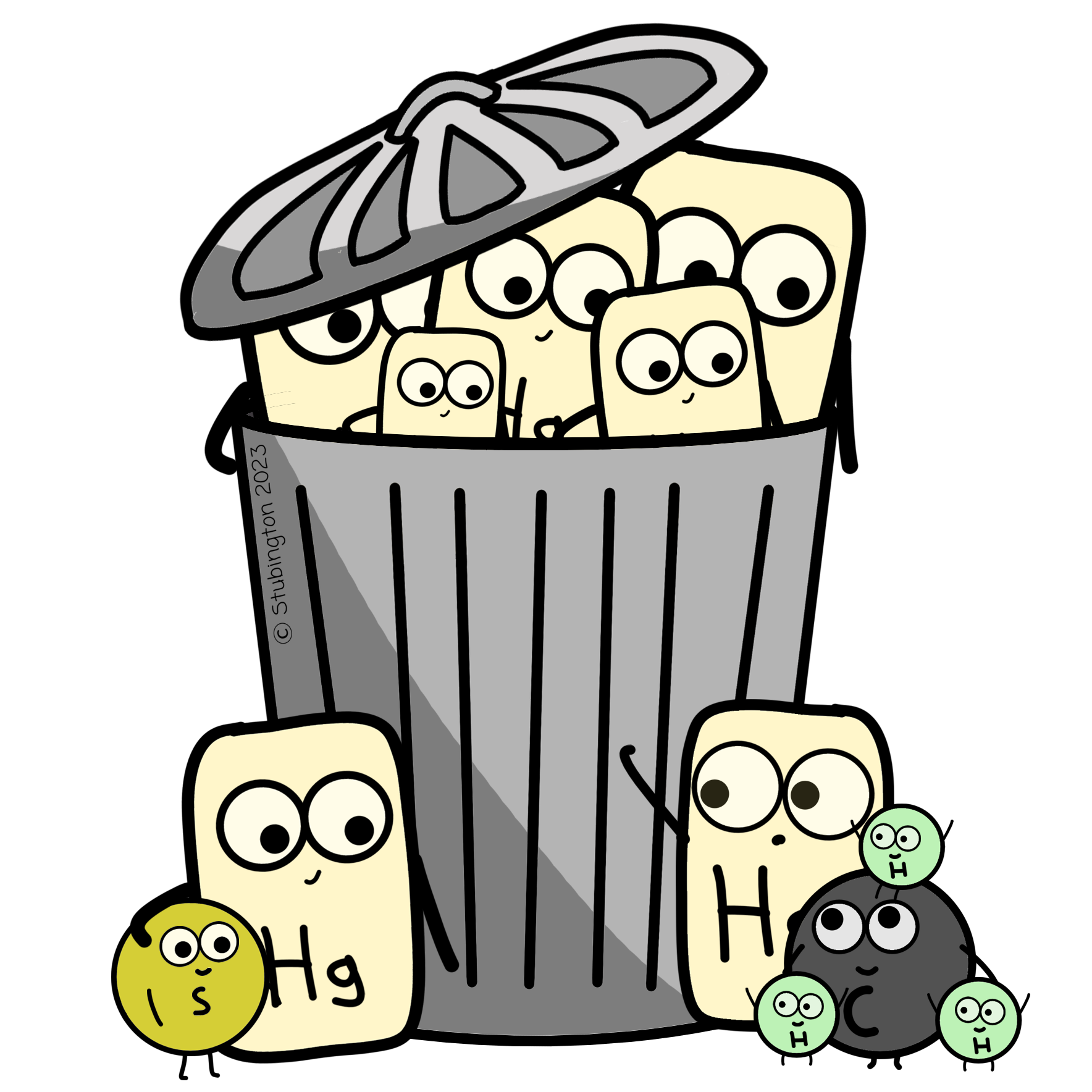 a cute representation of Mercury, the metal governed by the Minamata convention, is chilling in a bin with mercury sulphide and methylmercury next to it