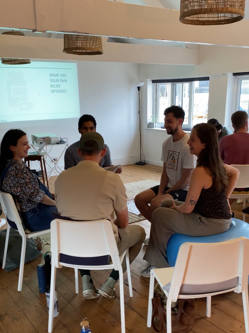 Group of people in a circle during a workshop or discussion in a bright room with large windows, a projector screen displaying a question about pain relief options.