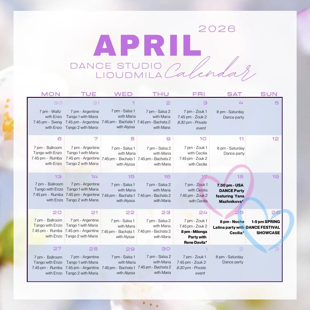 Calendar April 2026 Dance Studio Lioudmila Alexandria VA events