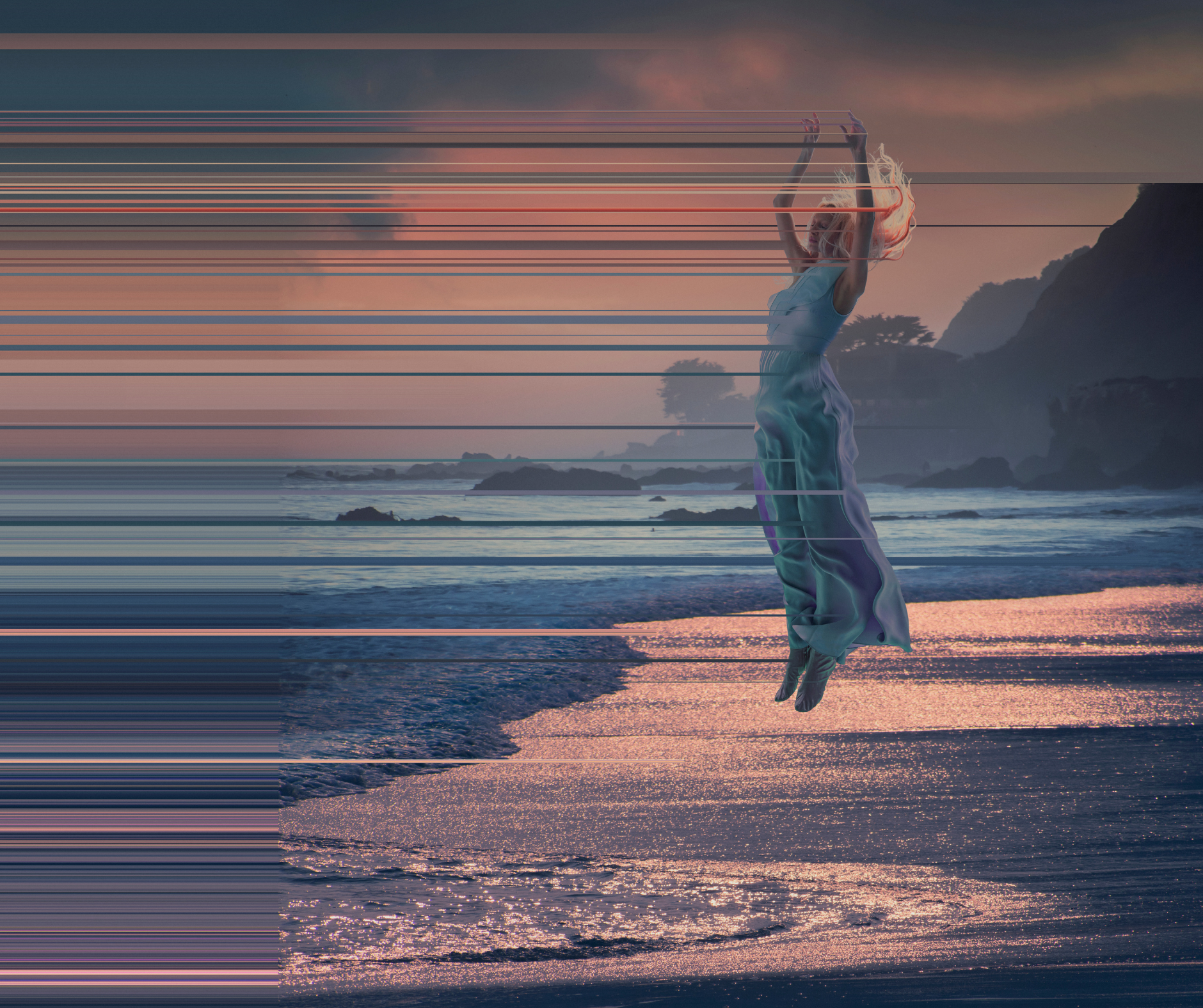 A surreal, pixelated image of a woman on a beach with digital glitch effects, symbolizing the internal static and biological system error of a chronic fawn response.