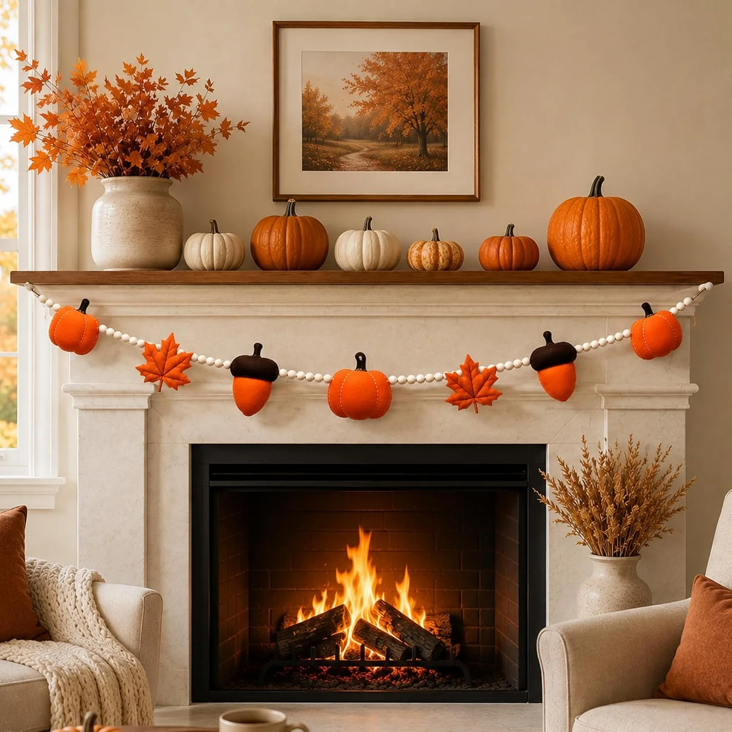 A decorated fireplace mantel with autumn-themed pumpkins, leaves, and a vase with fall foliage. A framed fall landscape picture hangs above. The fireplace has a lit fire, flanked by beige armchairs with pillows, and a vase with dried plants is to the right.