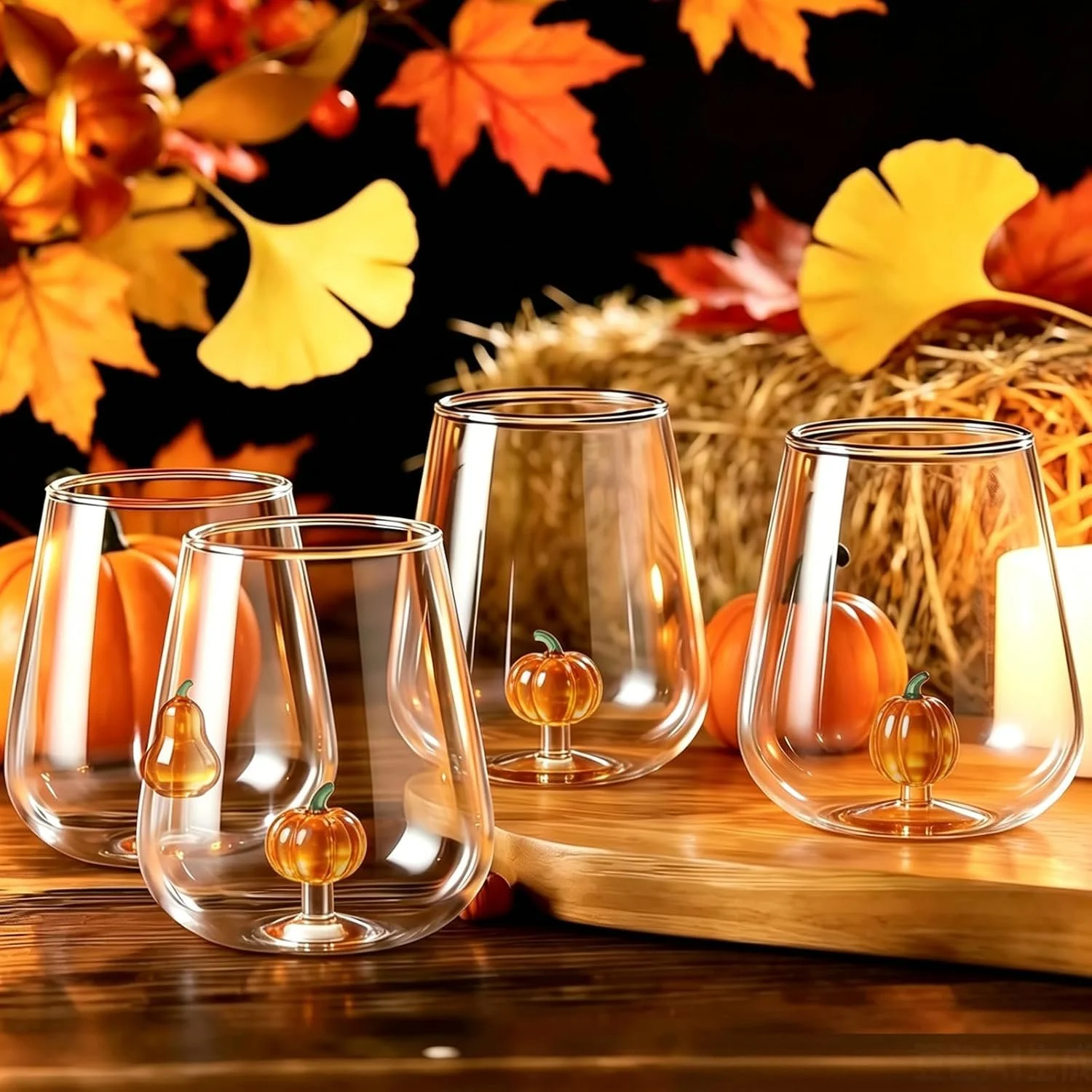 Glassware with small pumpkin decorations, autumn leaves, pumpkins, and a hay bale in the background, creating a festive fall or Thanksgiving table setting.
