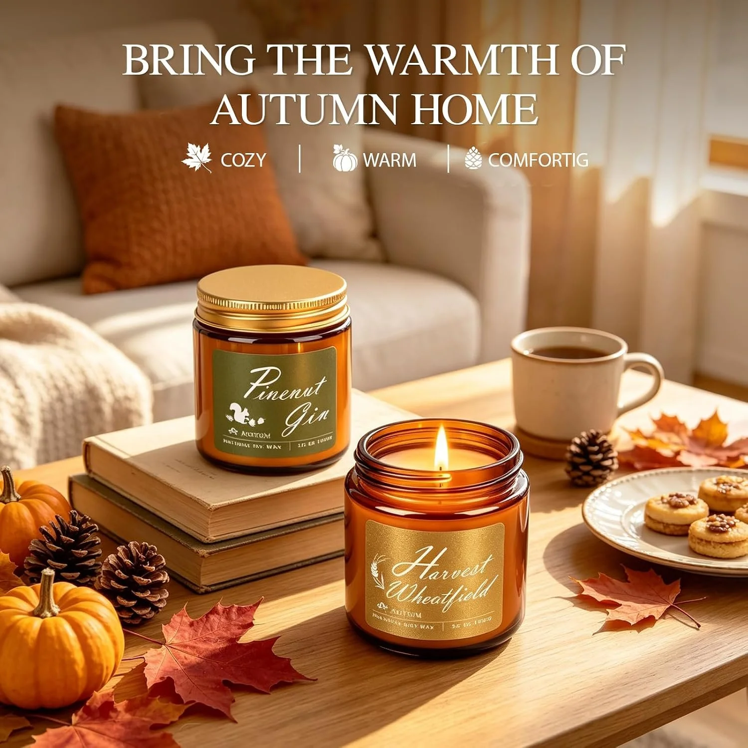 Cozy autumn scene with pumpkin candles, a plate of cookies, a mug of coffee, and fall leaves on a wooden table in a warmly lit room.