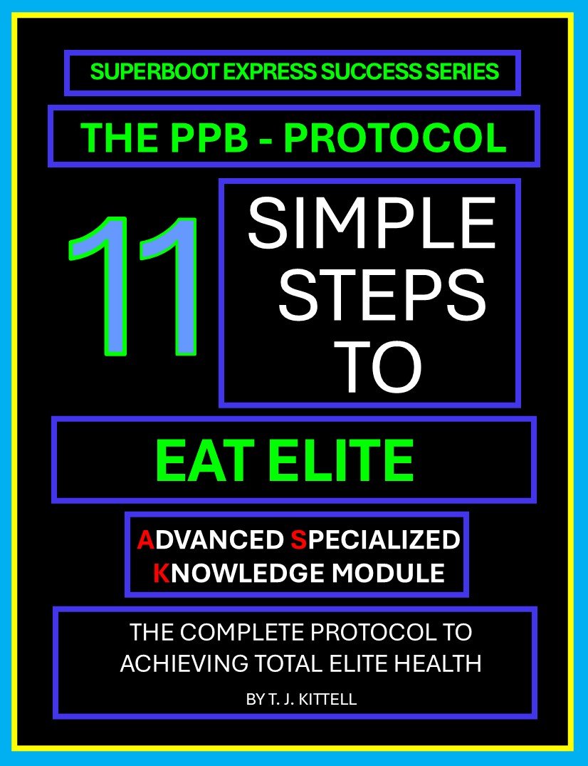 Book cover titled '11 Simple Steps to Eat Elite' from the Superboot Express Success Series by T. J. Kittell, with bright green, white, and red text on a black background, bordered in yellow and blue.