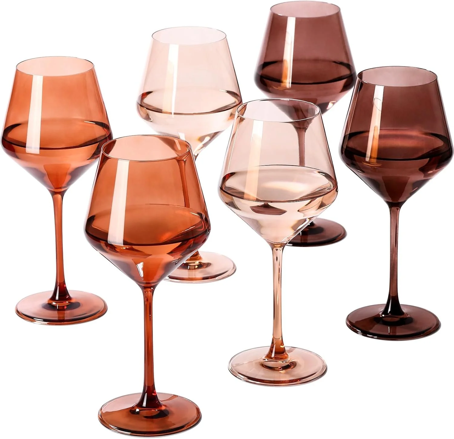 Seven stemmed wine glasses in shades of pink and purple, filled with varying amounts of light-colored wine or beverage, set against a white background.