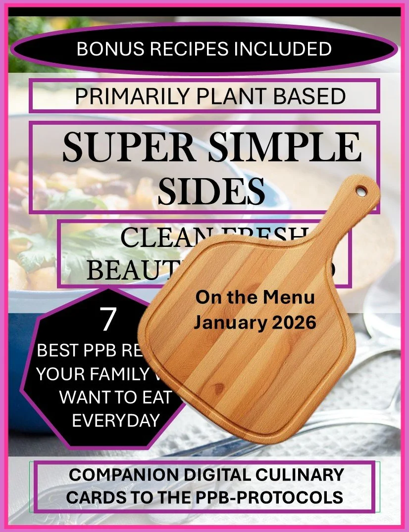 Cover of a digital cookbook featuring plant-based recipes, with a focus on simple, healthy side dishes, and includes a wooden cutting board with the text 'On the Menu January 2026' and promoting digital culinary cards for a plant-based protocol.