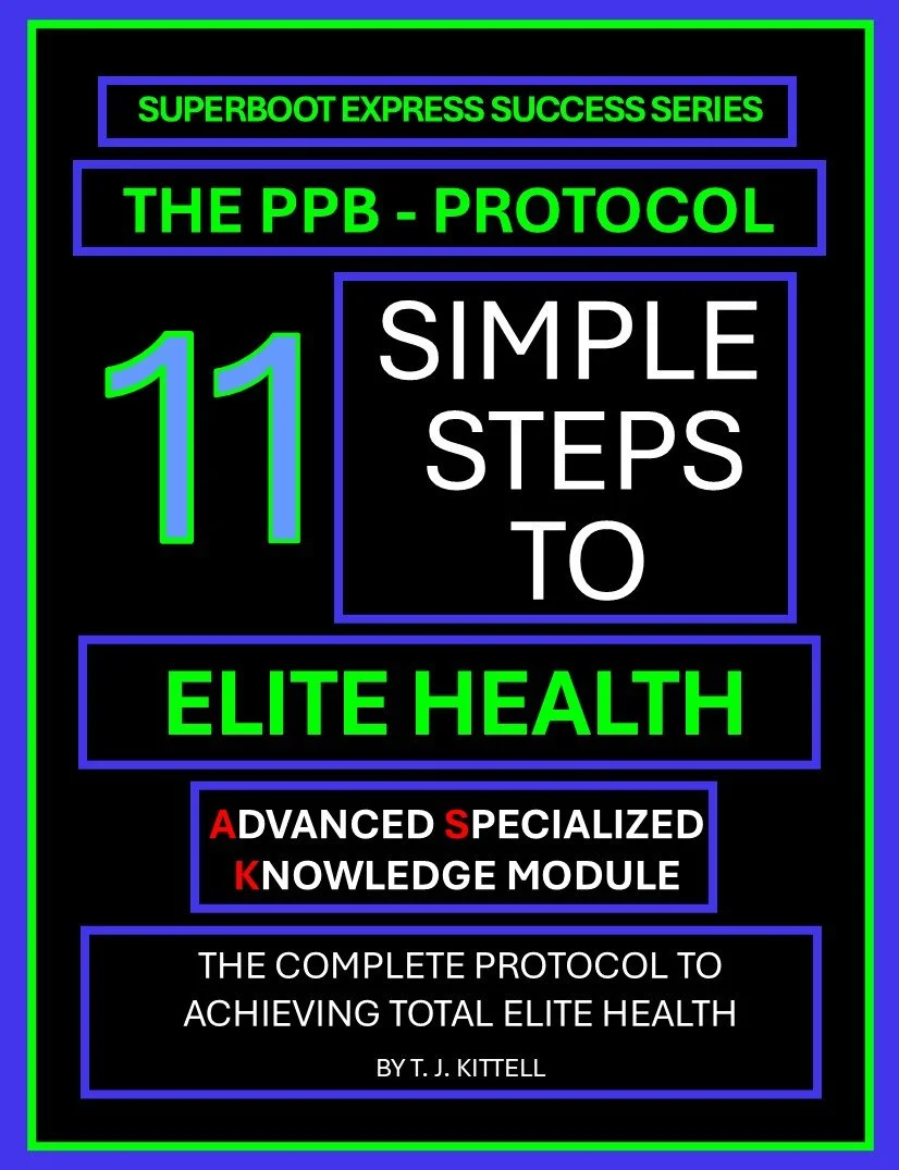 Promotional cover for “Elite Health – 11 Steps,” featuring bold, uplifting design. Highlights practical lifestyle strategies and plant-based inspiration, part of the PPB Protocol companion series.