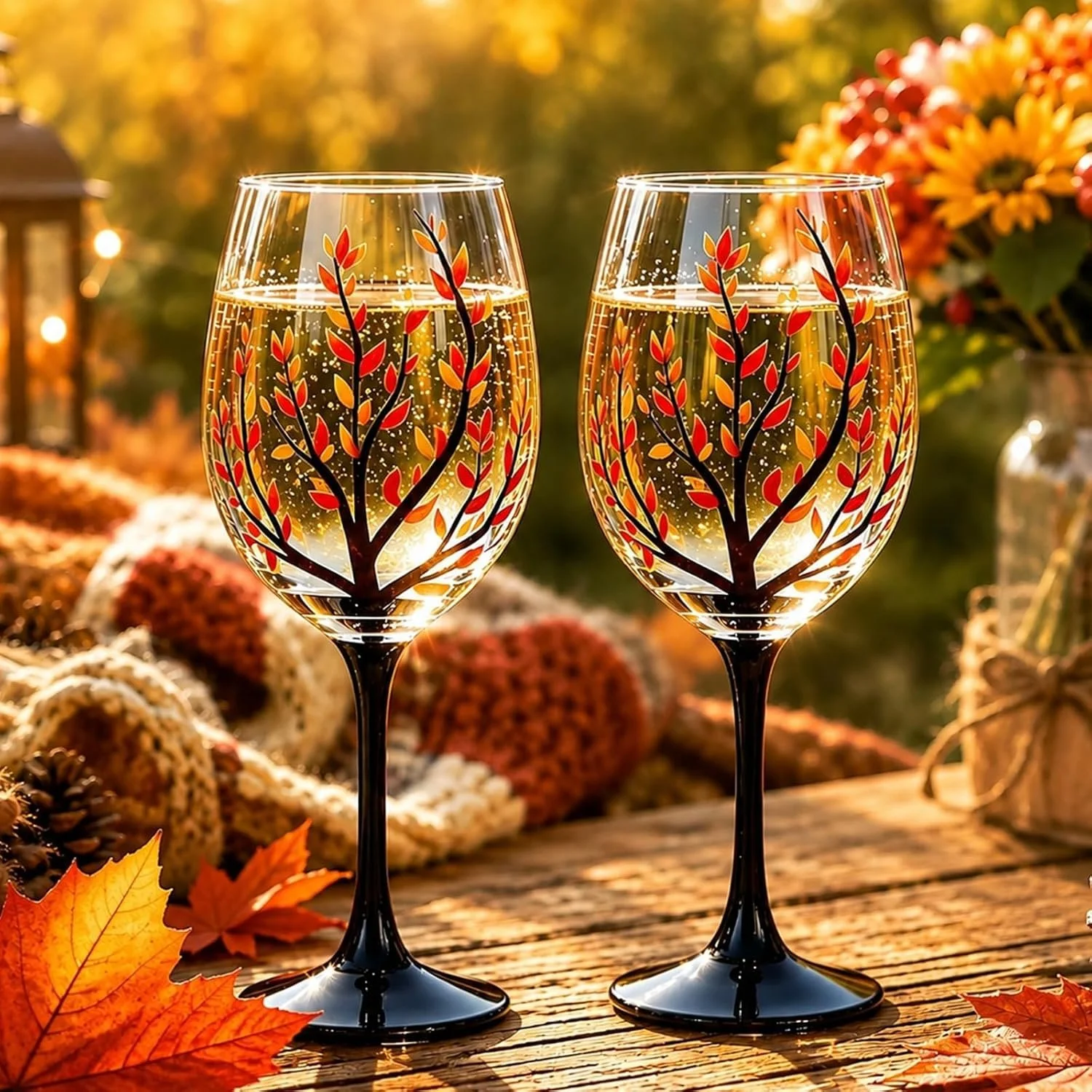 Two decorative wine glasses with autumn leaf patterns, filled with a bubbly beverage, set on a rustic wooden table surrounded by fall leaves and autumn decor, with warm sunlight and blurred fall foliage in the background.