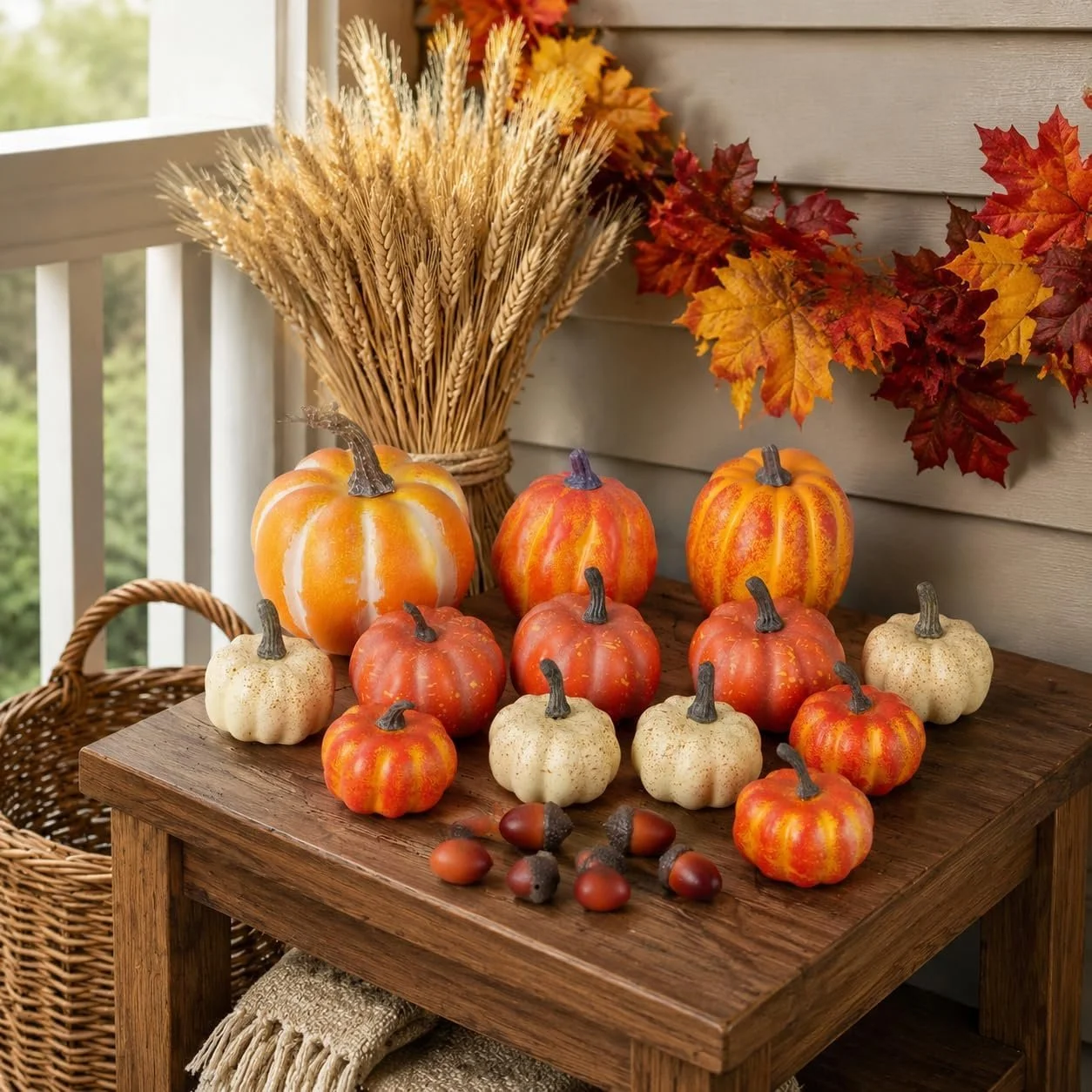 Fall harvest display with various pumpkins and acorns on a wooden table, dried wheat in a basket, and autumn leaves on a wall behind.