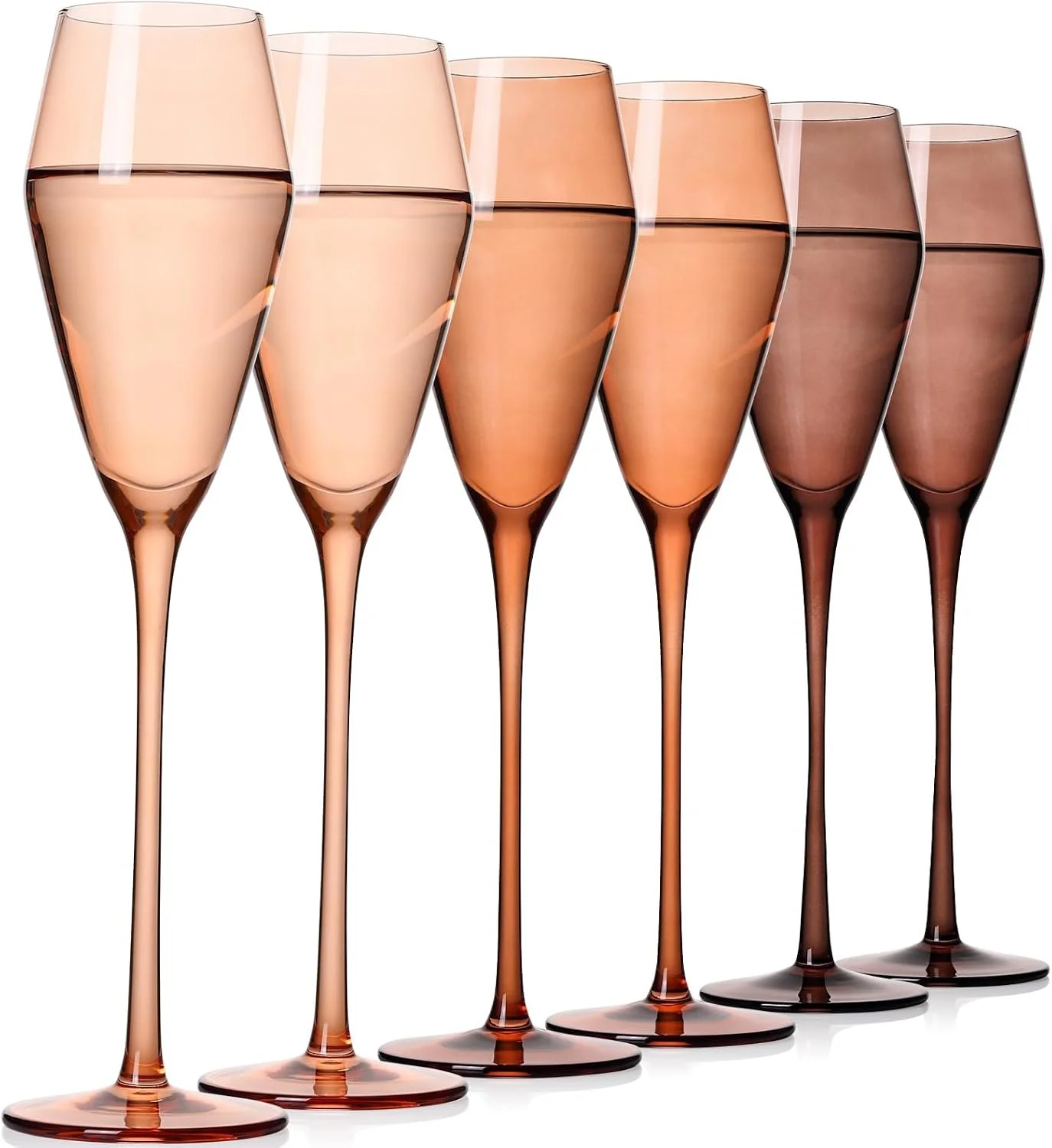 Six tall champagne flutes with pink-colored liquid, arranged in a row.