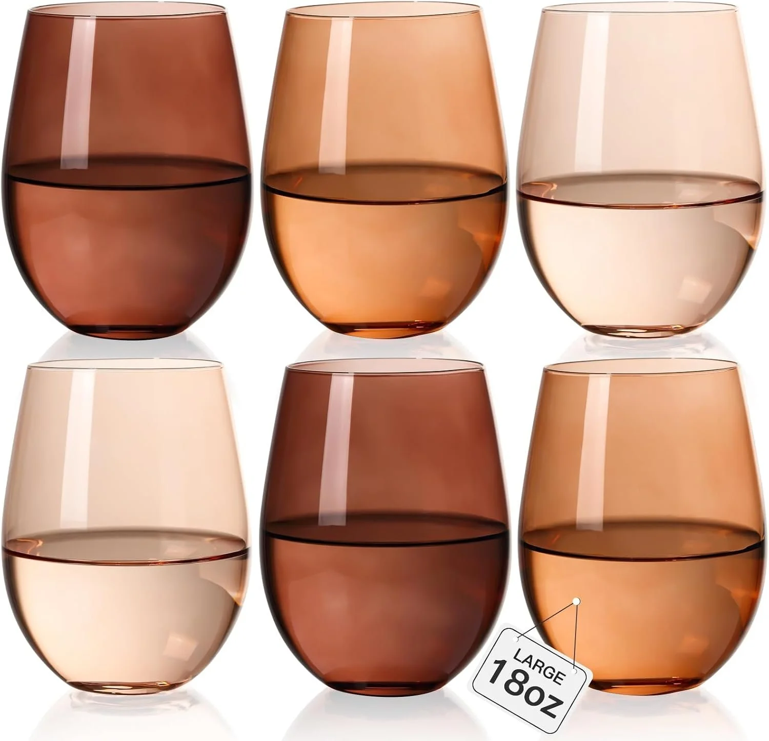 Six large, tinted glass tumblers in shades of brown and amber, arranged in a 3x2 grid, with a size tag indicating 18 ounces.