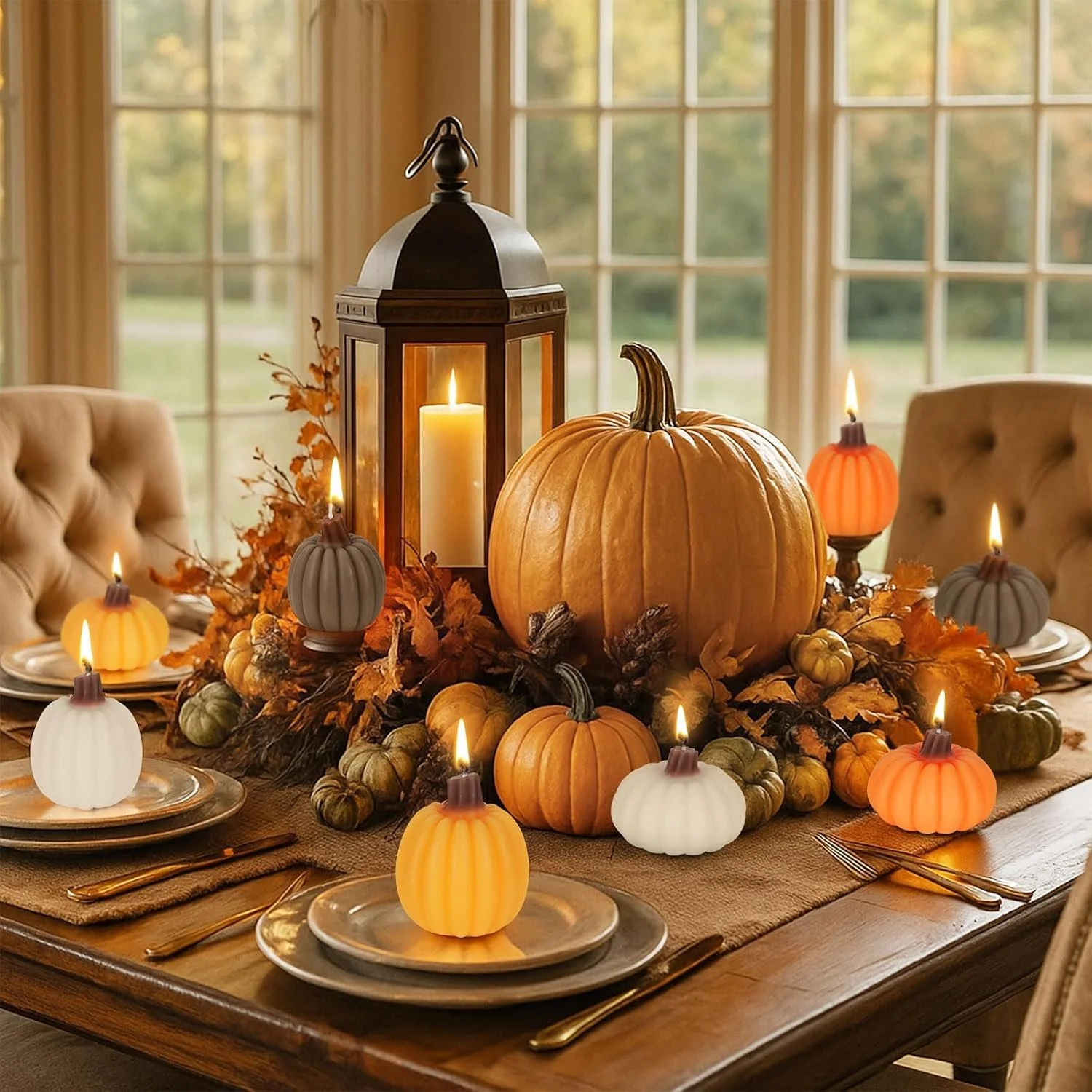 A fall-themed table setting with a large pumpkin centerpiece, smaller decorative pumpkins, candles, and autumn leaves, all in a room with large windows showing greenery outside.