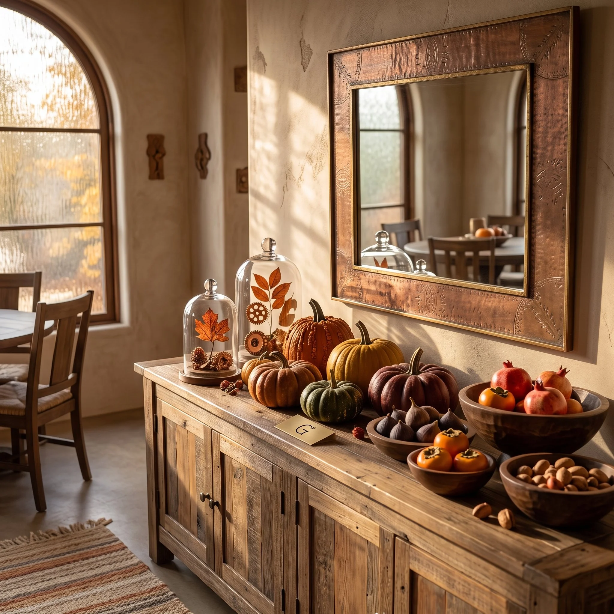 A wooden sideboard decorated with pumpkins, leaves, pinecones, and nuts, reflected in a large framed mirror. The room has a window with an arched top and some wall art.