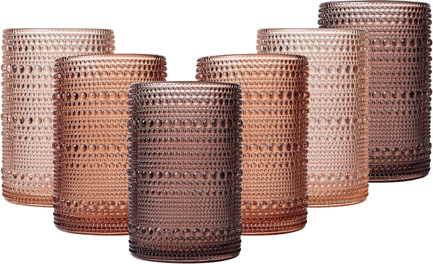 Six cylindrical glass vases with a textured pattern of circular dimples, in shades of pink, rose gold, and dark red, displayed against a white background.