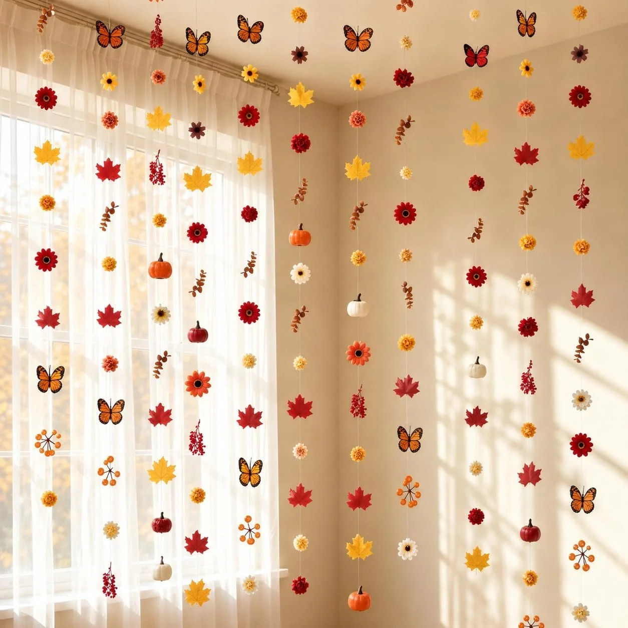 Autumn-themed hanging decoration with felt leaves, flowers, pumpkins, butterflies, and berries in warm fall colors near a window with sheer curtains.