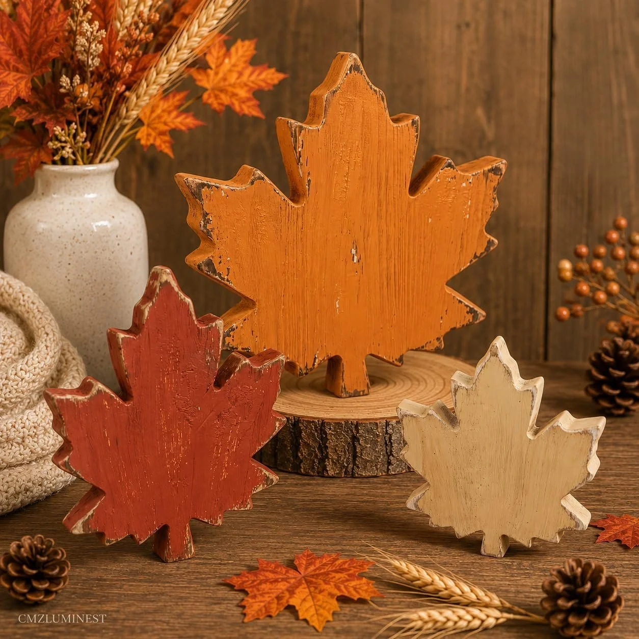 Three decorative wooden autumn leaves in orange, red, and cream colors, set on a wooden table with fall-themed decor including pinecones and dried wheat stalks, against a rustic wooden background.