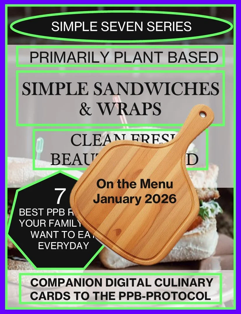 Cover of a digital culinary guide titled 'Simple Seven Series', focusing on plant-based  recipes. Features a wooden cutting board with the text 'On the Menu January 2026'. Contains highlights about seven breakfast recipes, emphasizing health