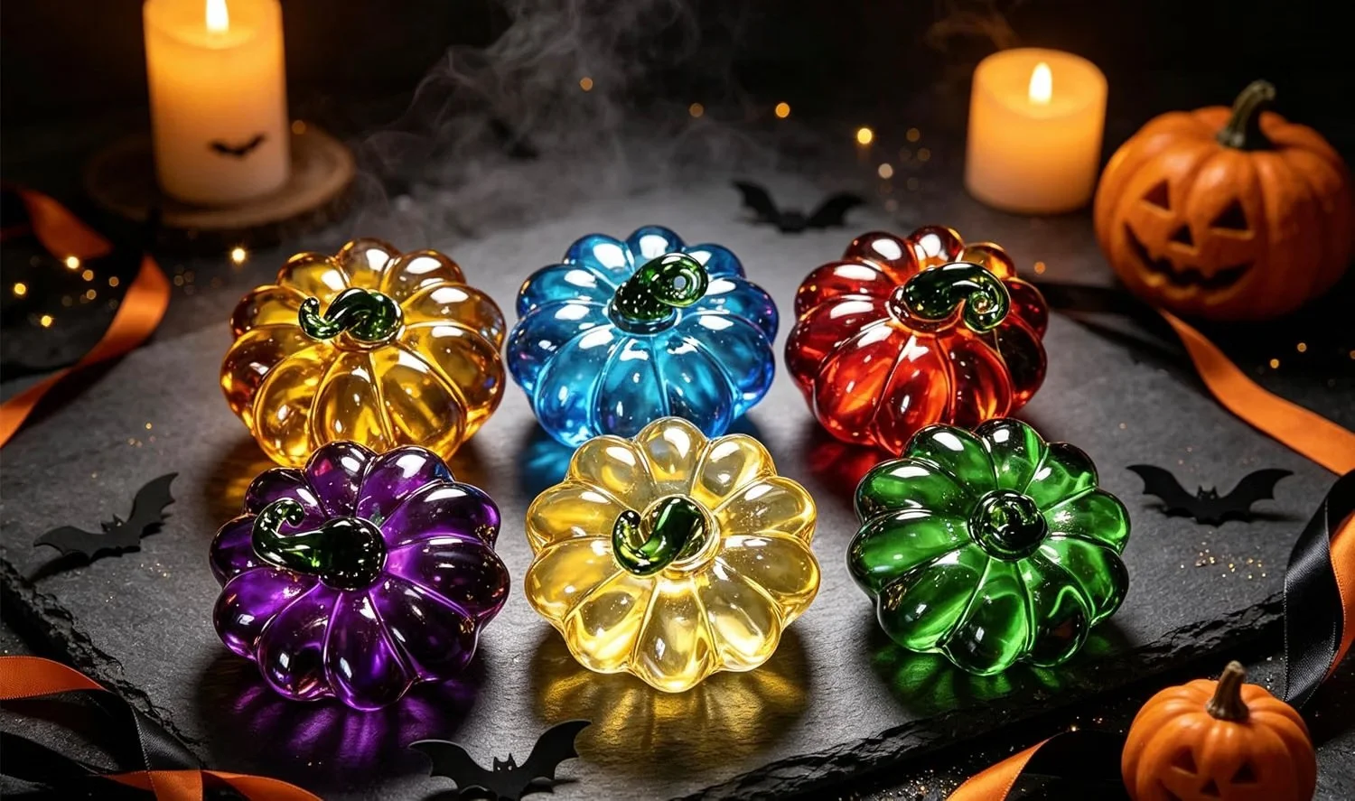 Colorful glass pumpkins arranged on a black slate with candles, small Halloween bats, and a carved pumpkin in the background for Halloween decoration.