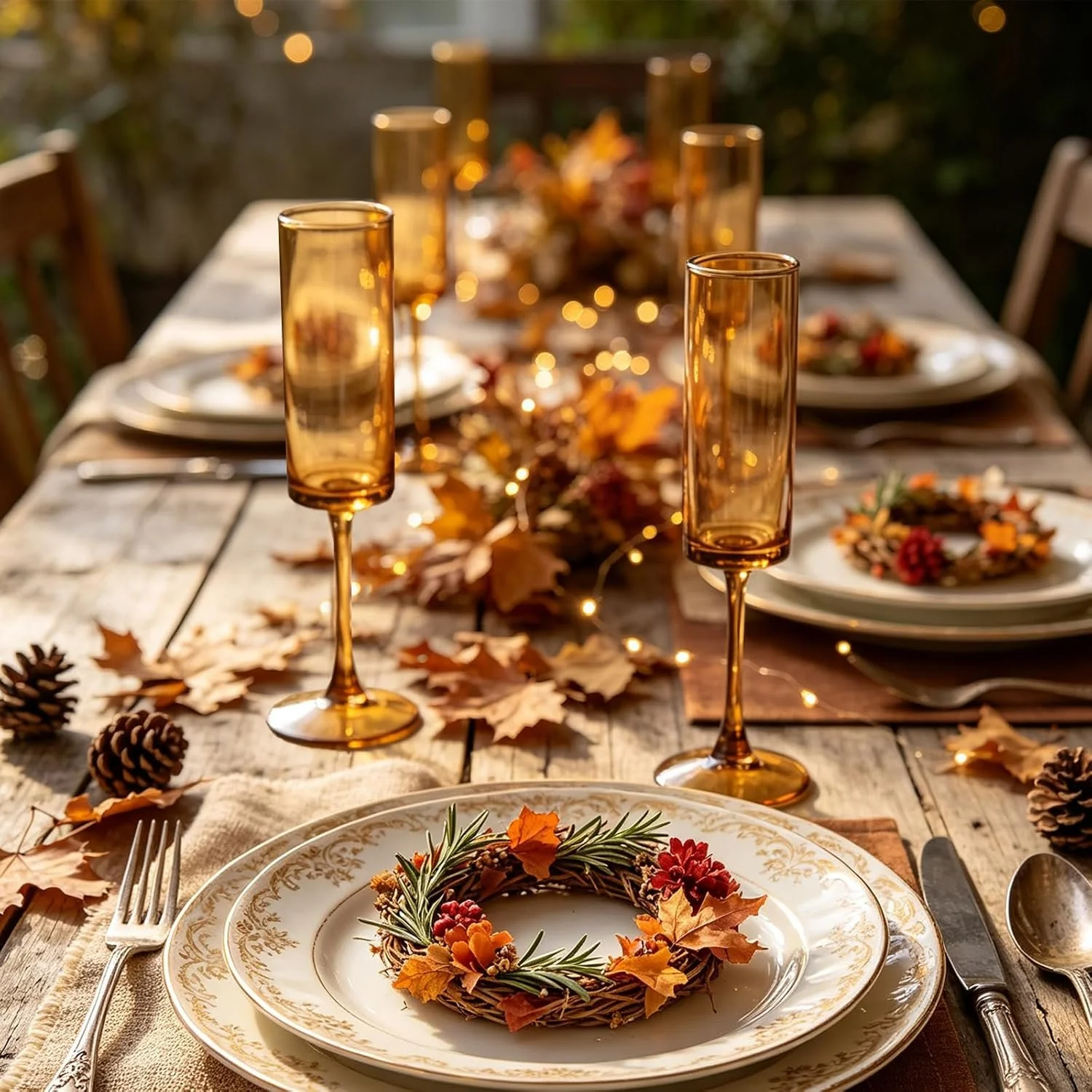 A festive autumn table setting with amber glasses, decorative fall wreaths, pinecones, and plates adorned with leaves and seasonal decorations, set outdoors with warm lighting.