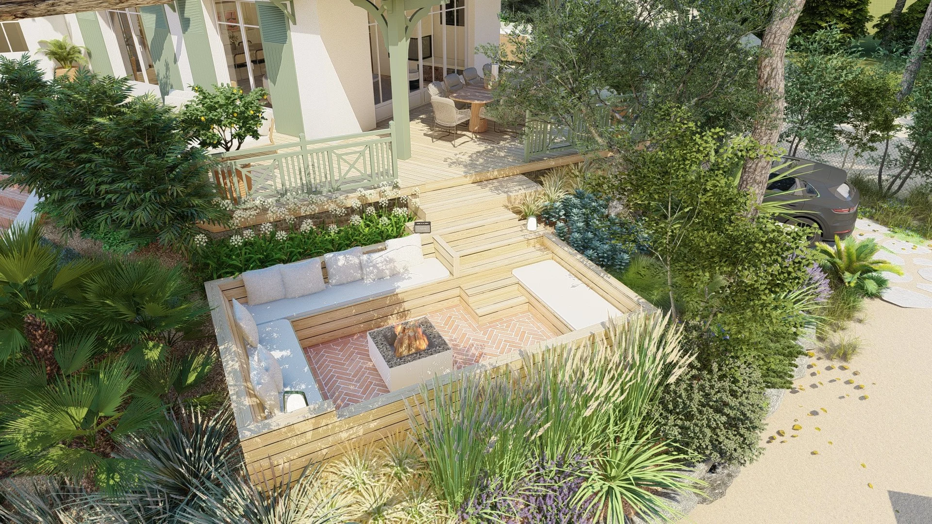 Espace brasero, briques, banquettes bois