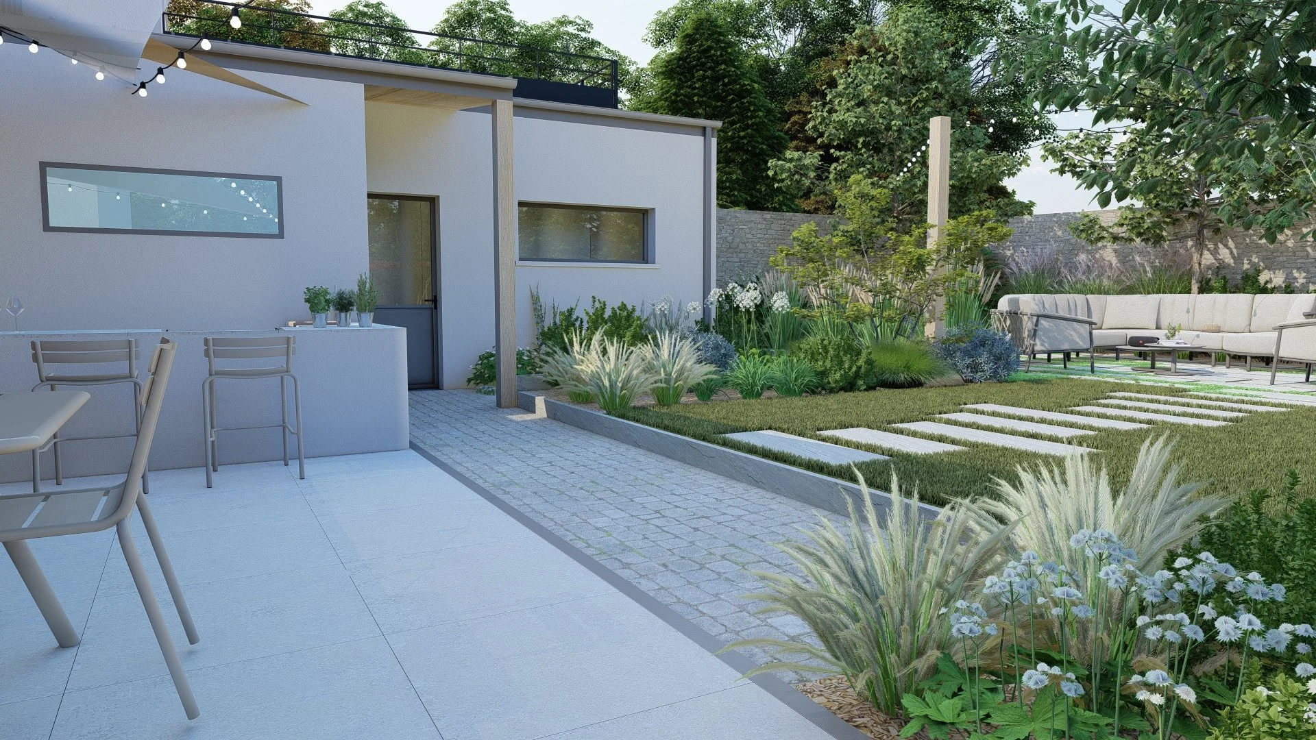 Voile ombrage, Cuisine d'été, dallage grès cérame sur plots, pas japonais, végétaux