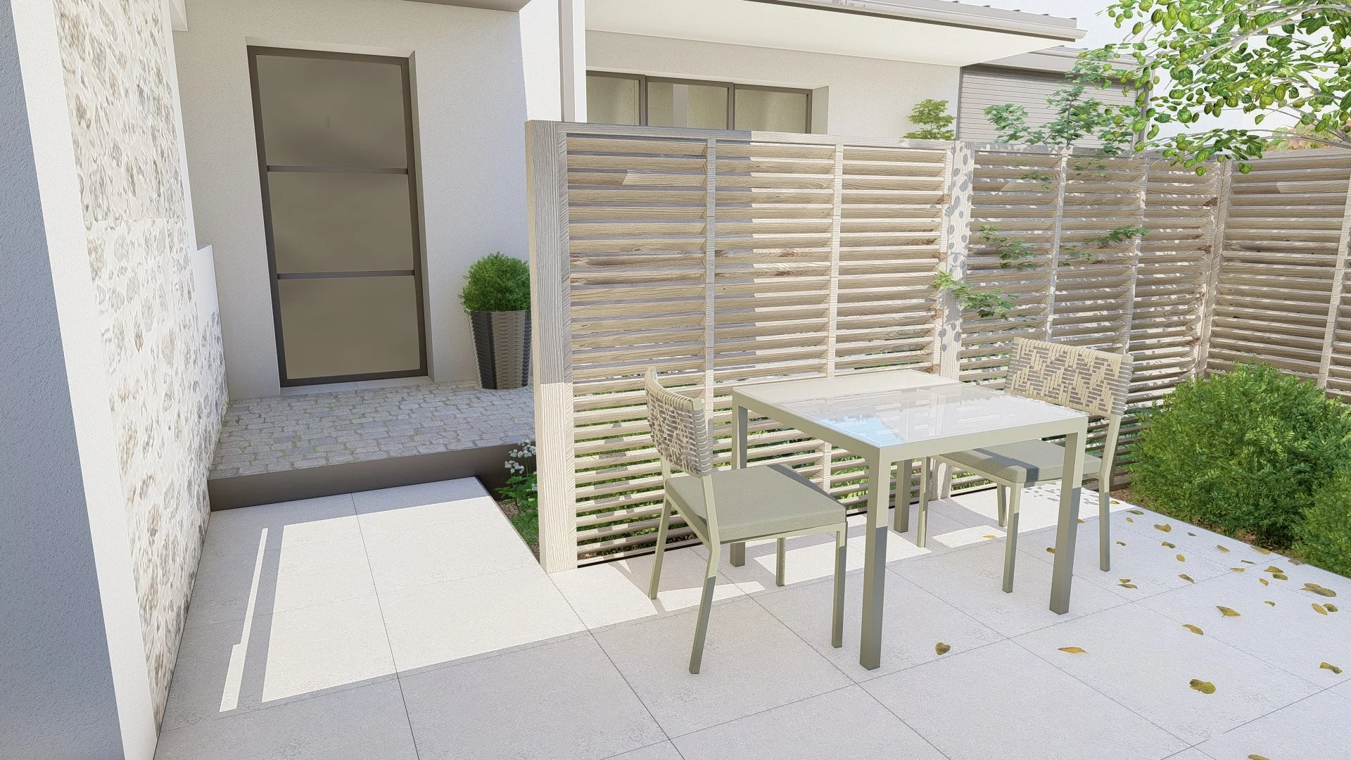 Brise vue en panneau bois, dallage grès cérame sur plots, pavage en granit